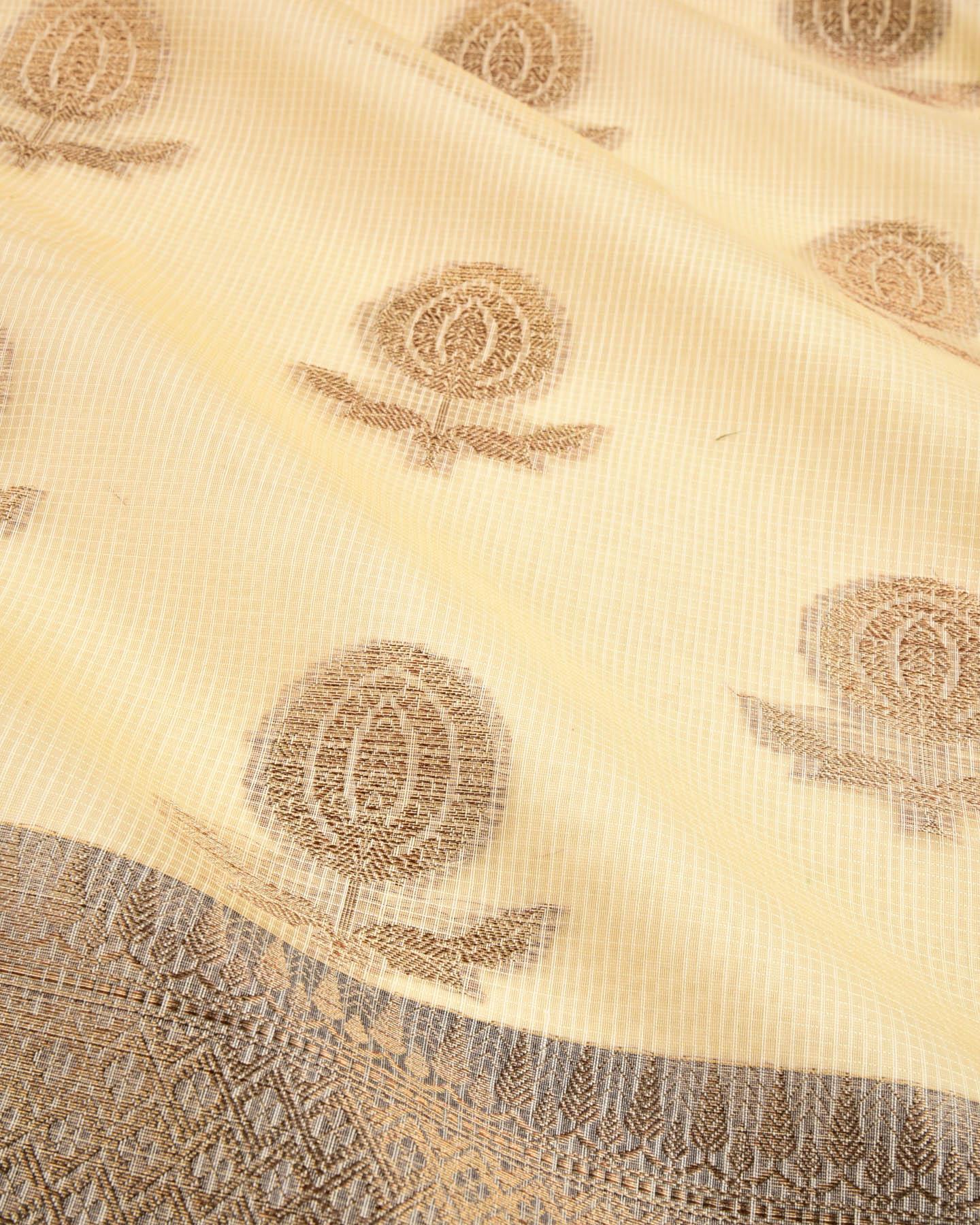 Cream Banarasi Check Texture Antique Zari Buta Cutwork Brocade Woven Cotton Silk Saree - By HolyWeaves, Benares