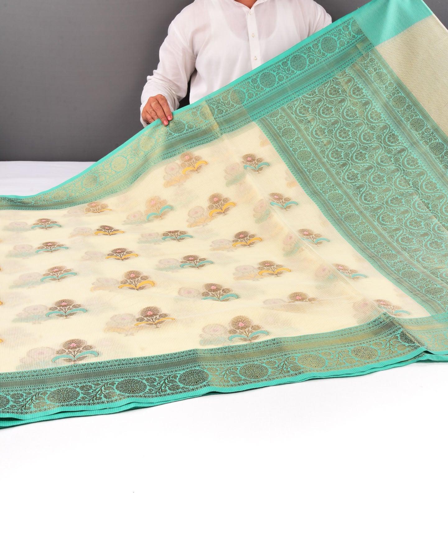 Cream Banarasi Check Texture Antique Zari Buta Cutwork Brocade Woven Cotton Silk Saree with Contrast Green Border Pallu - By HolyWeaves, Benares