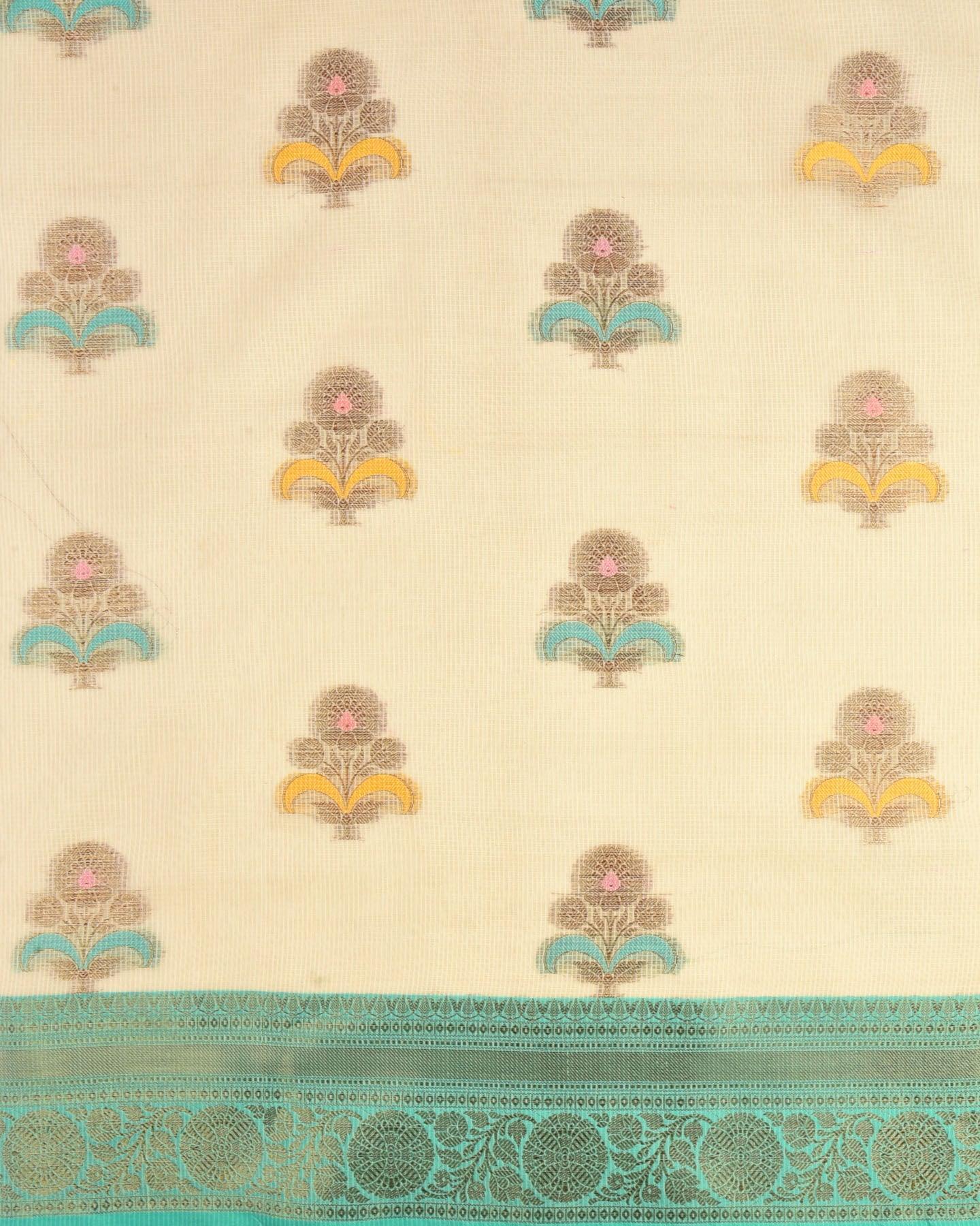 Cream Banarasi Check Texture Antique Zari Buta Cutwork Brocade Woven Cotton Silk Saree with Contrast Green Border Pallu - By HolyWeaves, Benares