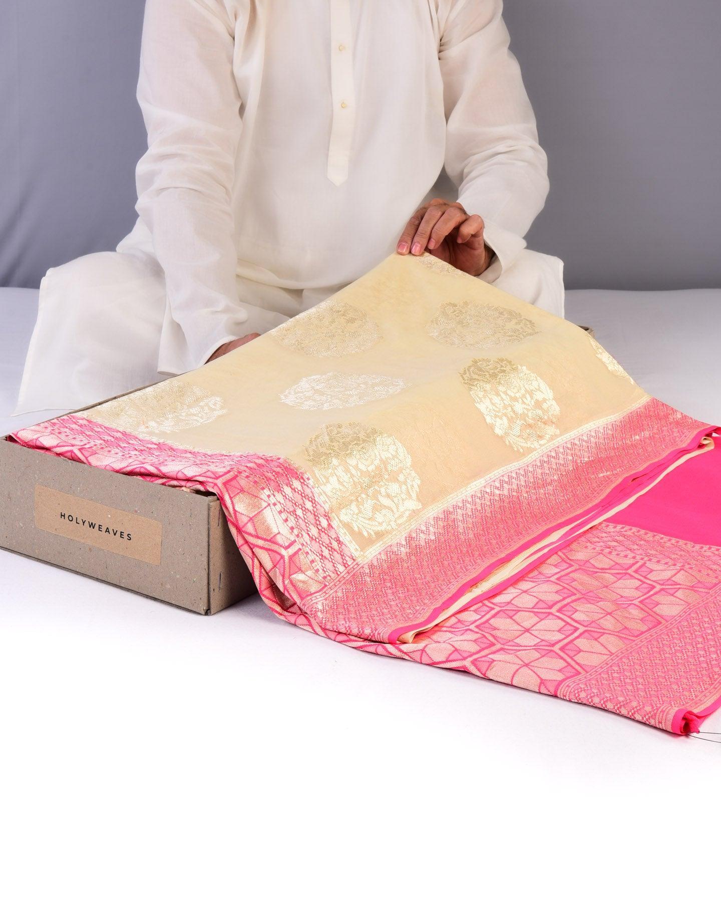 Cream Banarasi Cutwork Brocade Handwoven Khaddi Georgette Saree with Pink Border Pallu - By HolyWeaves, Benares