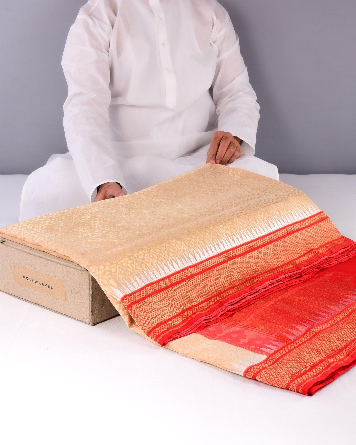Cream Banarasi Cutwork Brocade Handwoven Kora Silk Saree with Kadiyal Red Border Pallu - By HolyWeaves, Benares