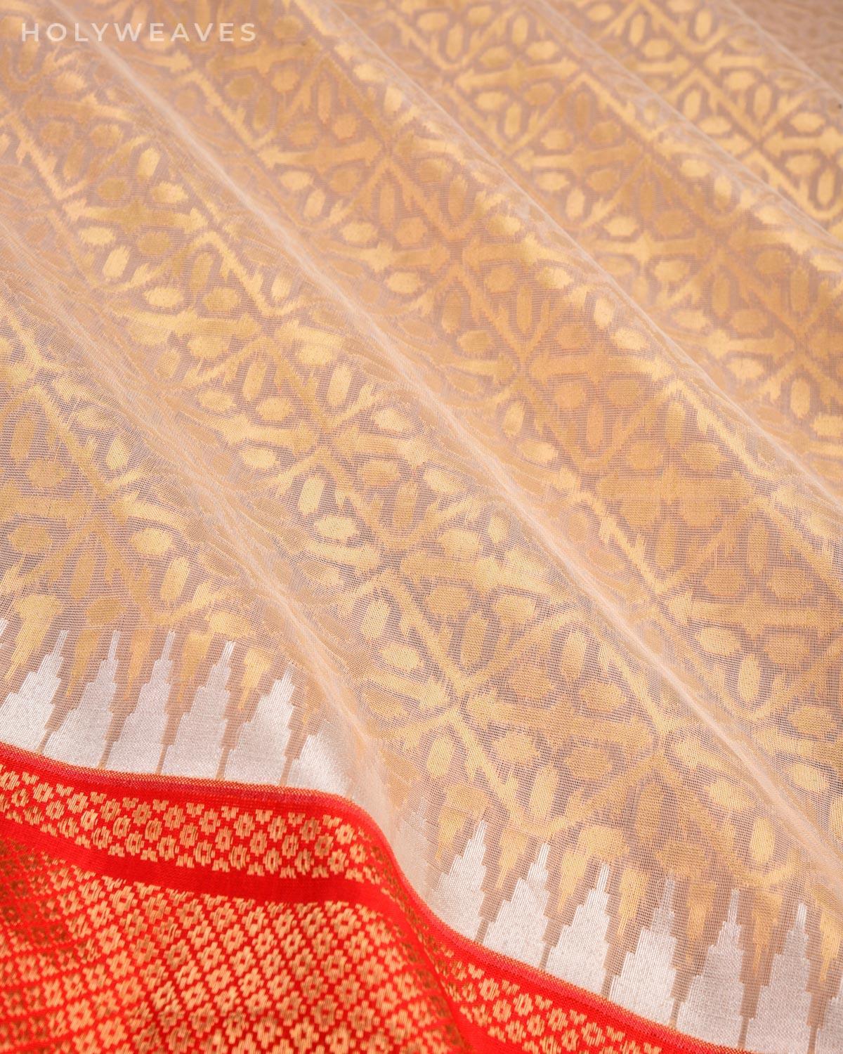 Cream Banarasi Cutwork Brocade Handwoven Kora Silk Saree with Kadiyal Red Border Pallu - By HolyWeaves, Benares