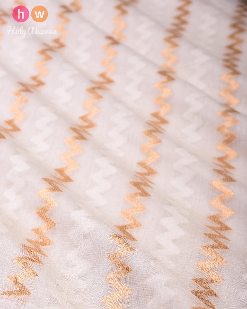 Cream Banarasi Gold and Cream Chevron Cutwork Brocade Handwoven Cotton Silk Fabric - By HolyWeaves, Benares