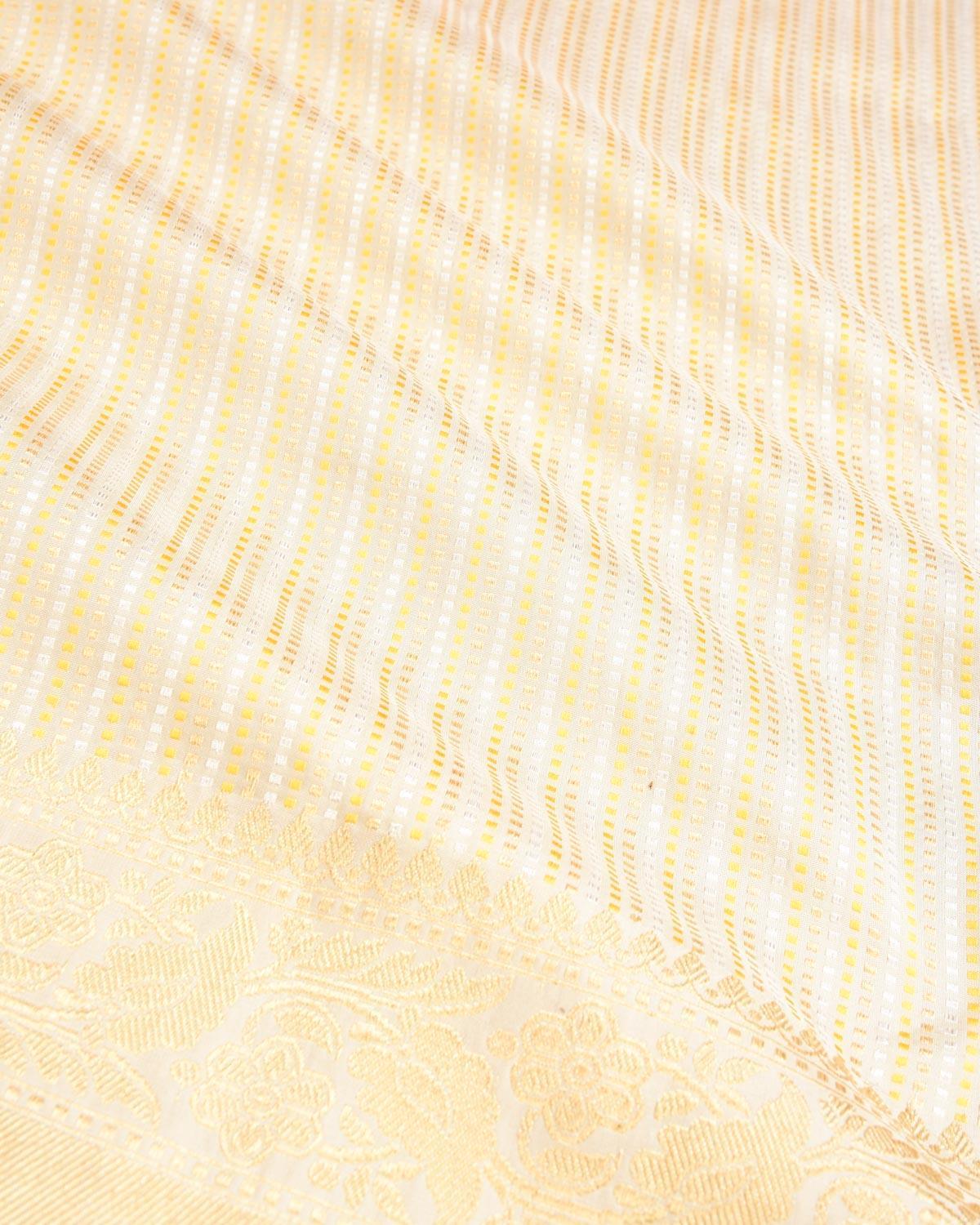Cream Banarasi Gold & Silver Zari Dotted Stripes Kadhuan Brocade Handwoven Katan Silk Saree - By HolyWeaves, Benares