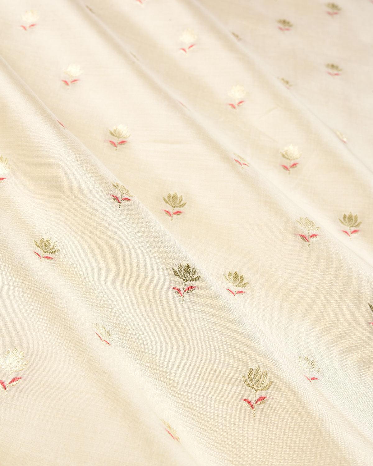 Cream Banarasi Gold Zari & Resham Alfi Kamal Buti Cutwork Brocade Handwoven Spun Silk Fabric - By HolyWeaves, Benares