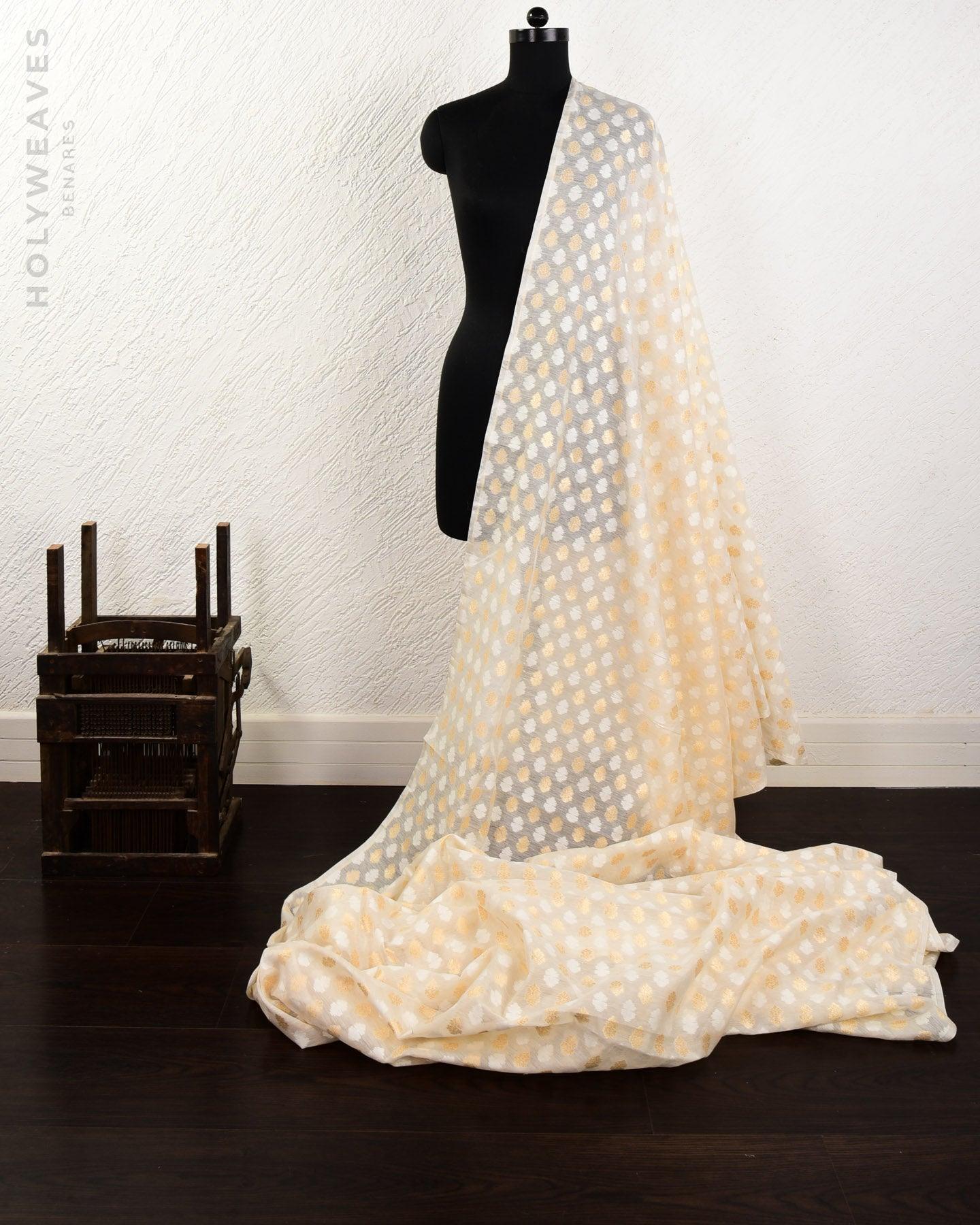 Cream Banarasi Gold Zari & Resham Buti Cutwork Brocade Woven Cotton Silk Fabric - By HolyWeaves, Benares
