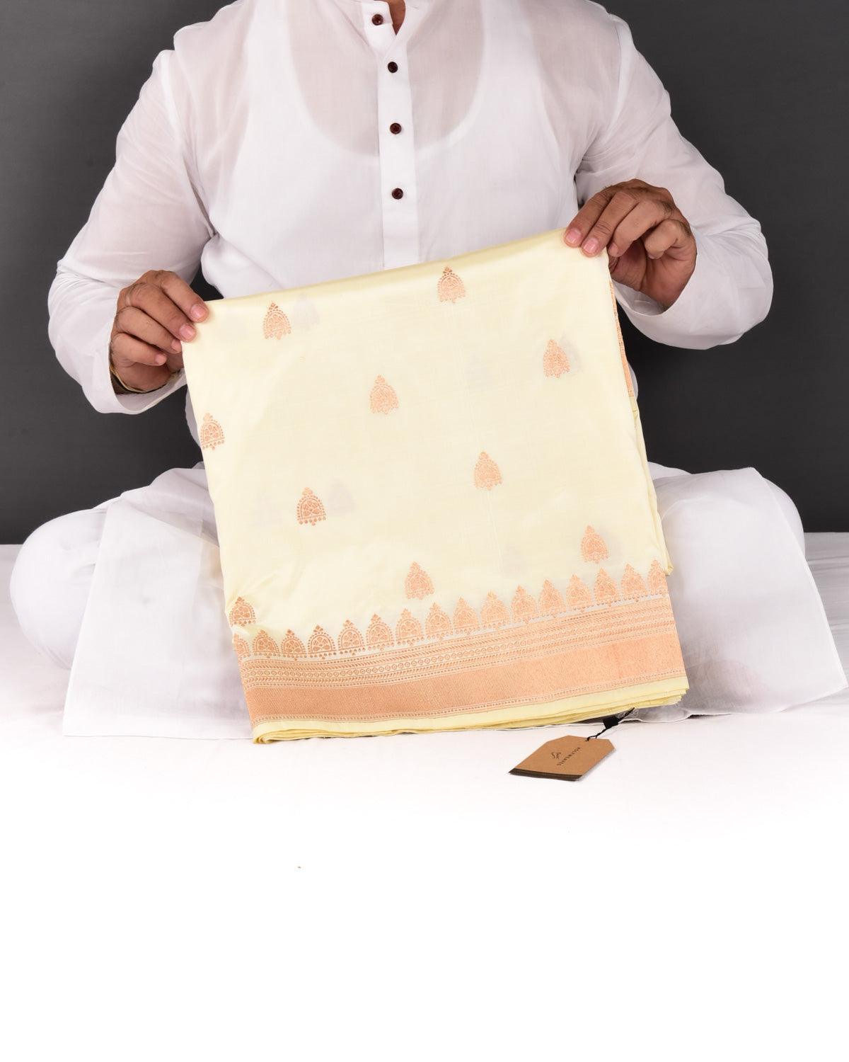Cream Banarasi Gold Zari Buti Kadhuan Brocade Handwoven Katan Silk Saree - By HolyWeaves, Benares