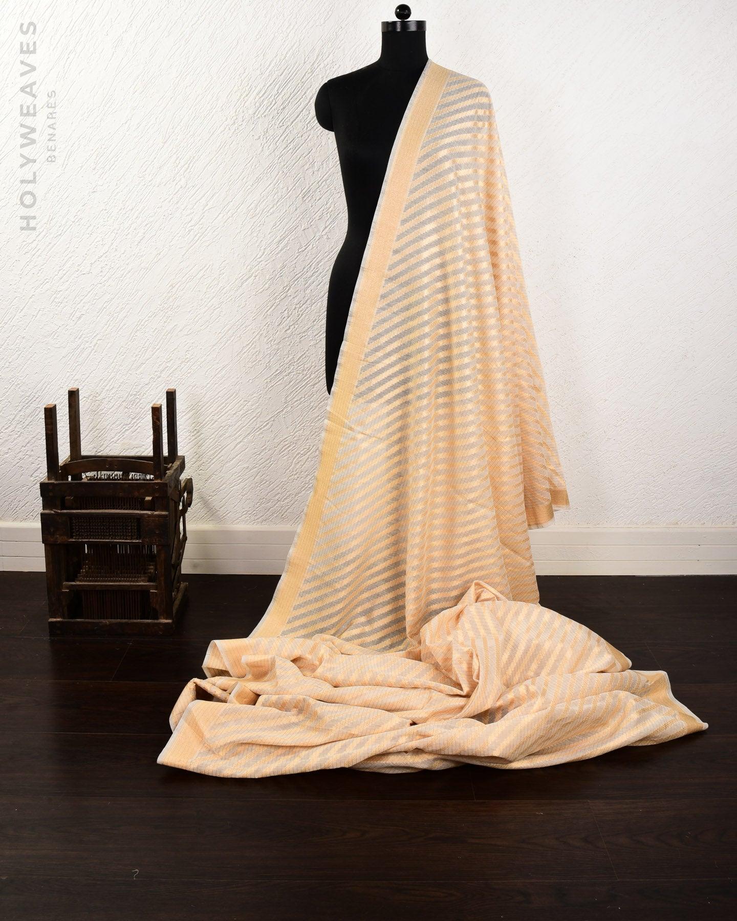 Cream Banarasi Gold Zari Diagonal Serrated Stripes Cutwork Brocade Handwoven Cotton Silk Fabric - By HolyWeaves, Benares