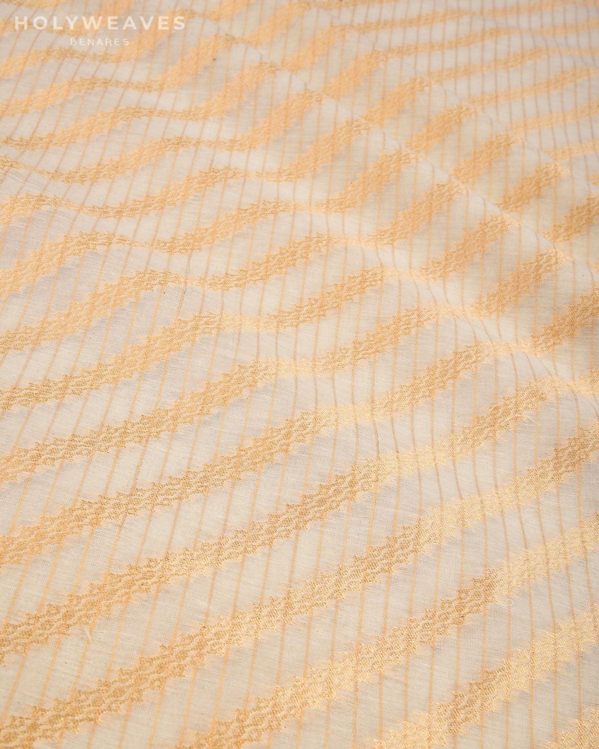 Cream Banarasi Gold Zari Diagonal Serrated Stripes Cutwork Brocade Handwoven Cotton Silk Fabric - By HolyWeaves, Benares