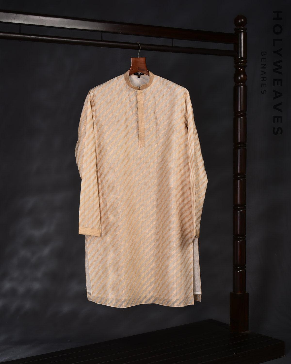 Cream Banarasi Gold Zari Diagonal Stripes Brocade Handwoven Cotton Silk Mens Kurta Pyjama - By HolyWeaves, Benares