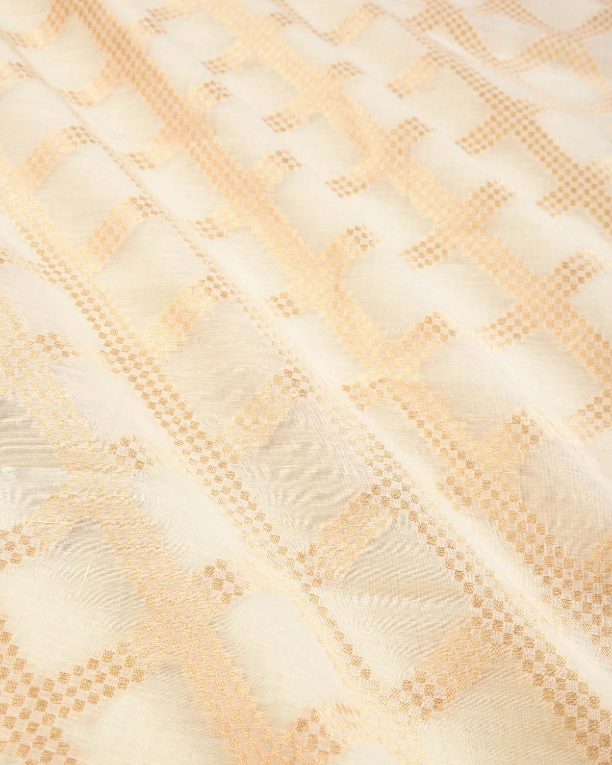 Cream Banarasi Gold Zari Diamond Grids Cutwork Brocade Handwoven Cotton Silk Fabric - By HolyWeaves, Benares