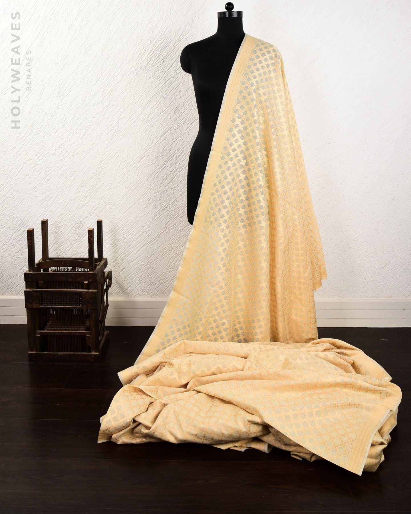 Cream Banarasi Gold Zari Jangla Cutwork Brocade Handwoven Cotton Silk Fabric - By HolyWeaves, Benares