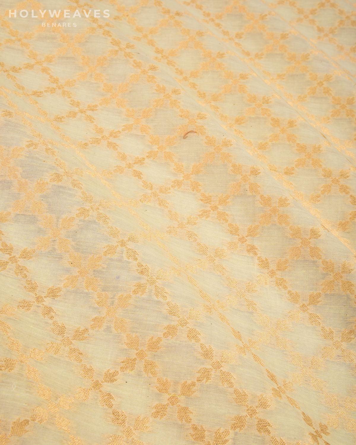 Cream Banarasi Gold Zari Jangla Cutwork Brocade Handwoven Cotton Silk Fabric - By HolyWeaves, Benares