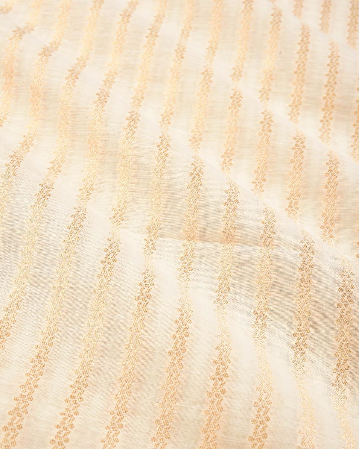 Cream Banarasi Gold Zari Ornament Stripes Cutwork Brocade Handwoven Cotton Silk Fabric - By HolyWeaves, Benares