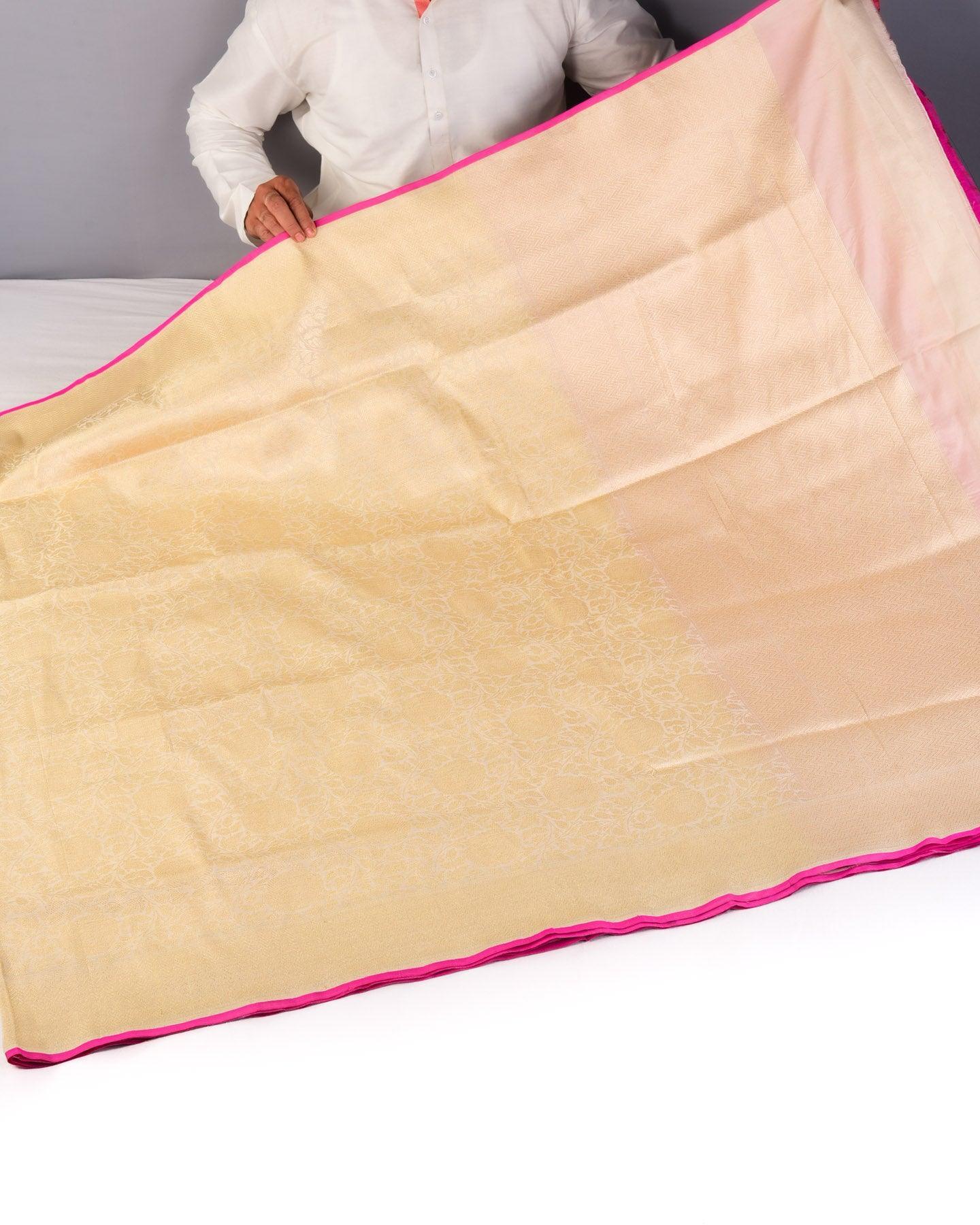 Cream Banarasi Gulab Jaal Brocade Handwoven Katan Silk Saree with Contrast Pink Blouse - By HolyWeaves, Benares