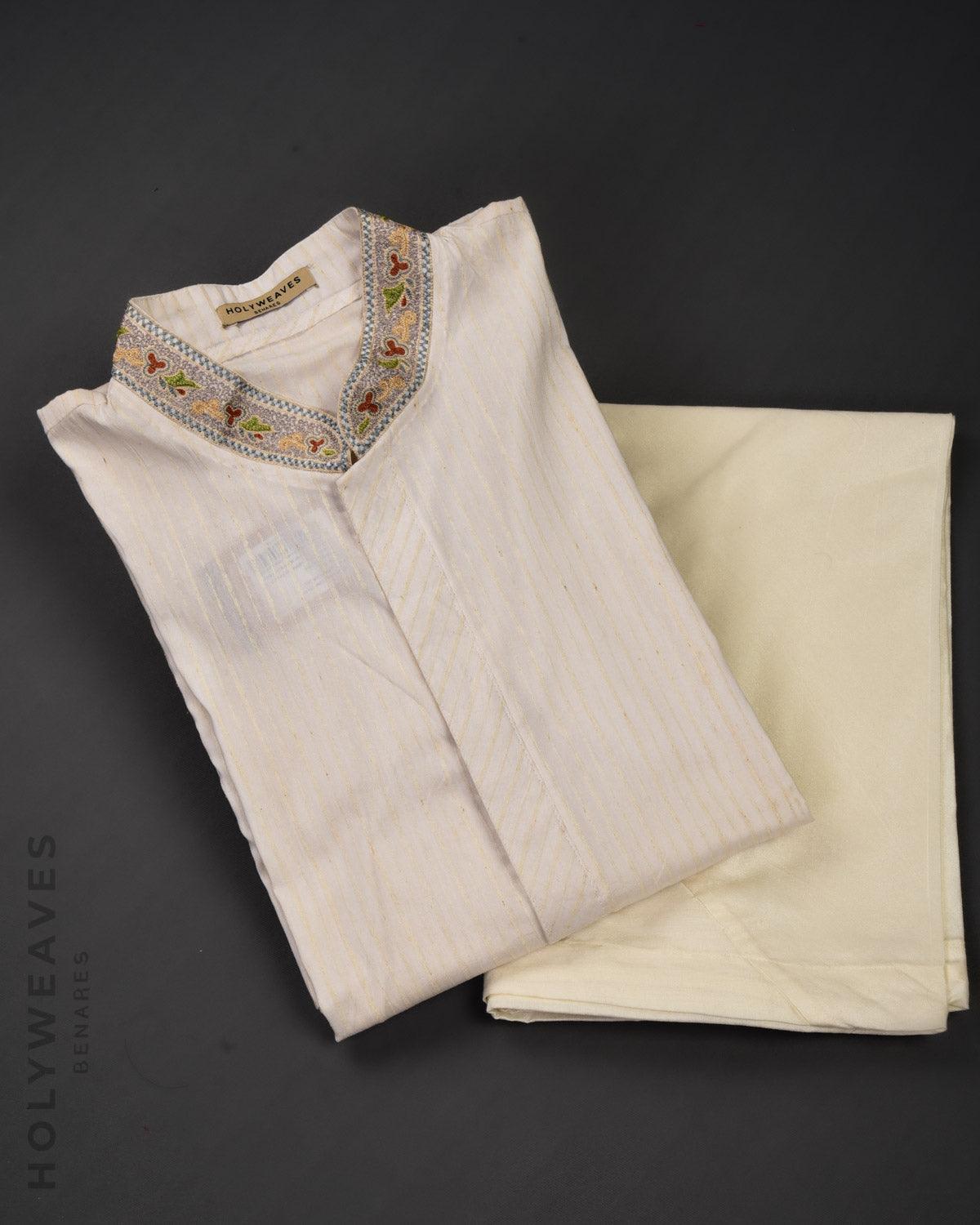 Cream Banarasi Hand-embroidered Cotton Mens Kurta Pyjama - By HolyWeaves, Benares