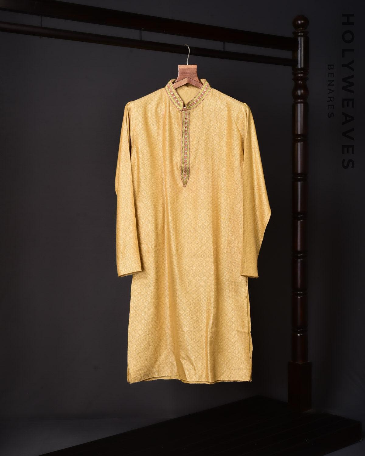 Cream Banarasi Hand-embroidered Cotton Silk Mens Kurta Pyjama - By HolyWeaves, Benares
