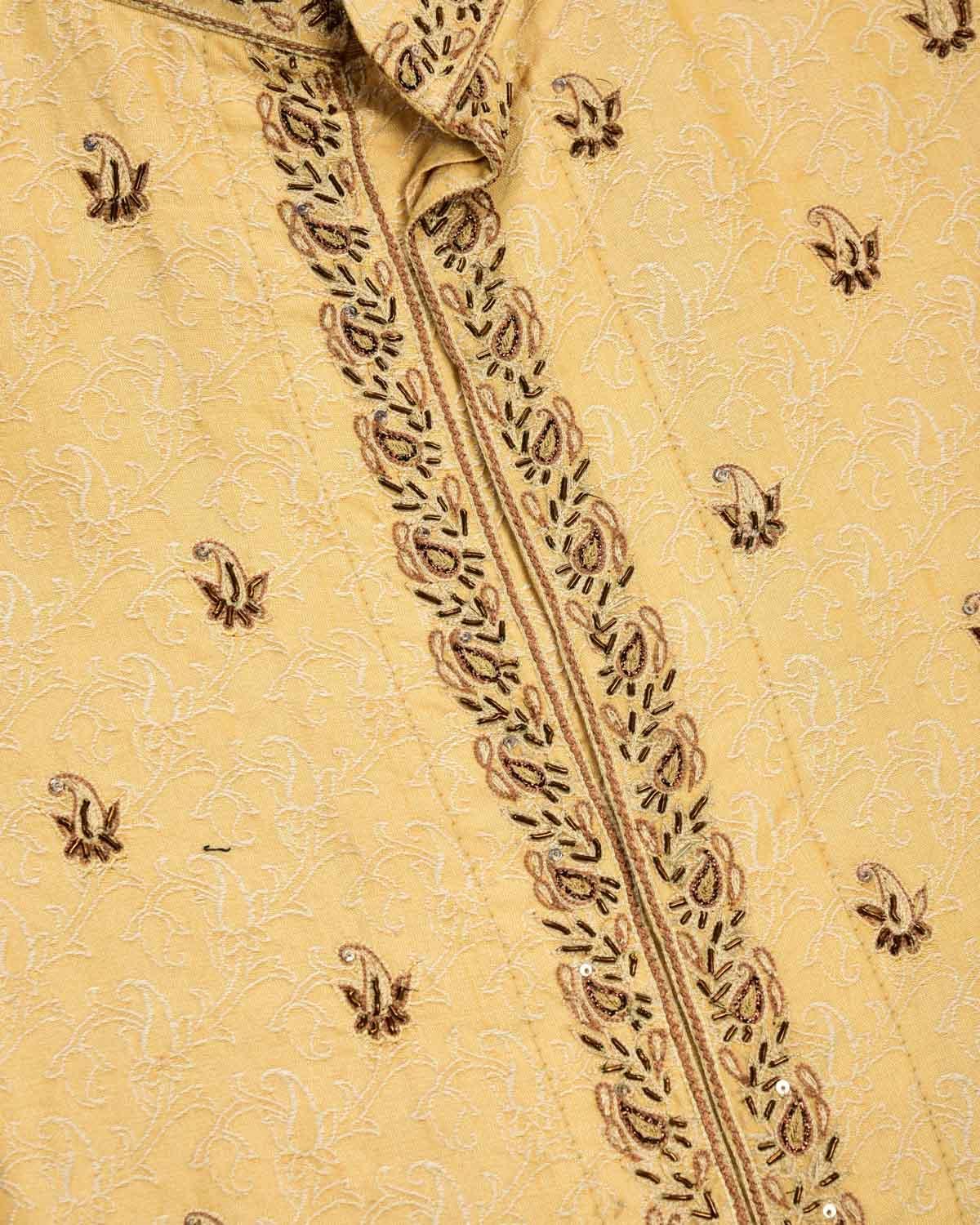 Cream Banarasi Hand-embroidered Cotton Silk Mens Kurta Pyjama - By HolyWeaves, Benares