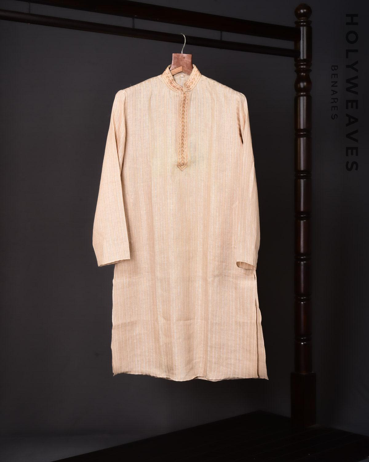 Cream Banarasi Hand-embroidered Linen Silk Mens Kurta Pyjama - By HolyWeaves, Benares