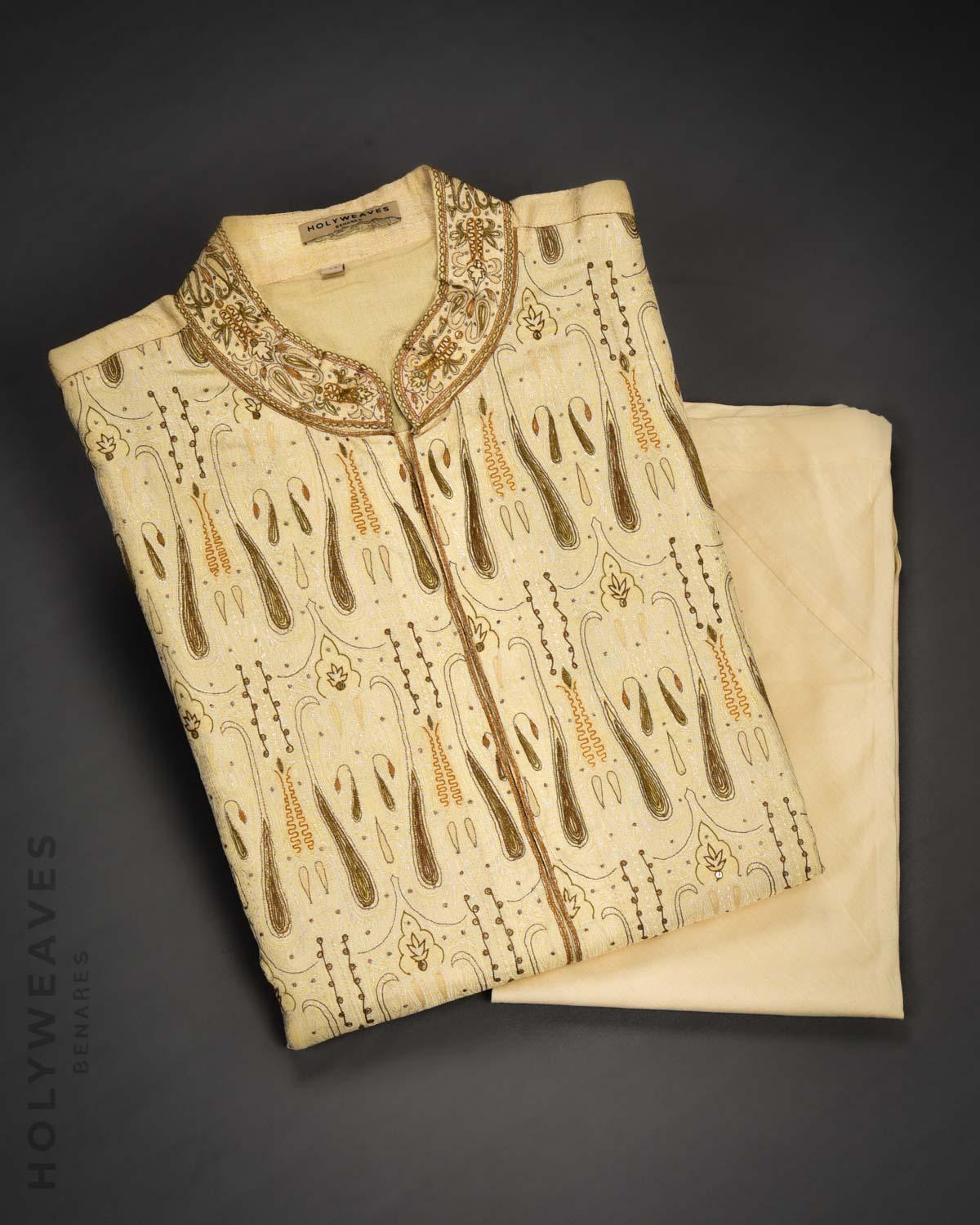 Cream Banarasi Hand-embroidered Silk Mens Kurta Pyjama - By HolyWeaves, Benares