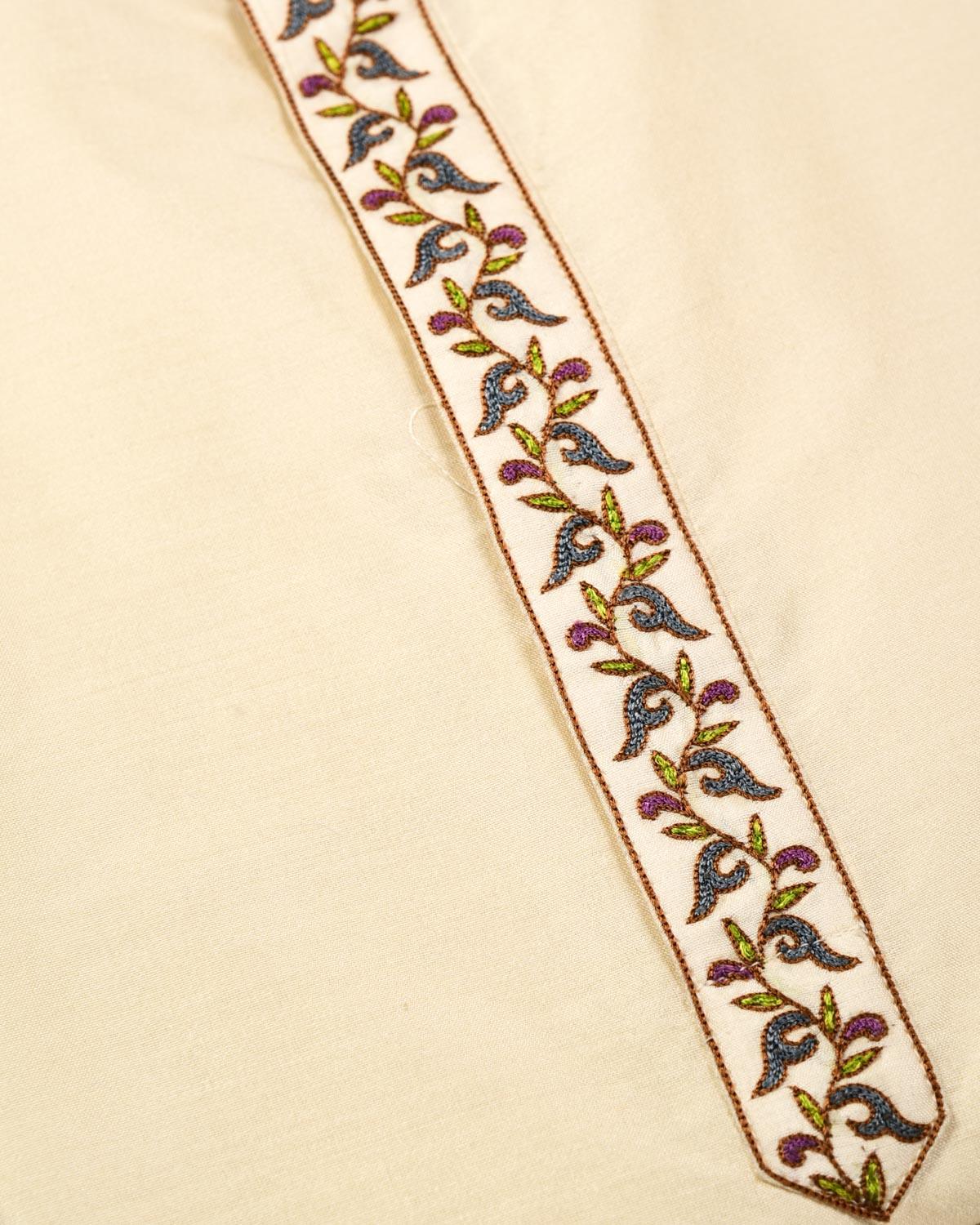 Cream Banarasi Hand Embroidered Spun Silk Mens Kurta Pyjama - By HolyWeaves, Benares