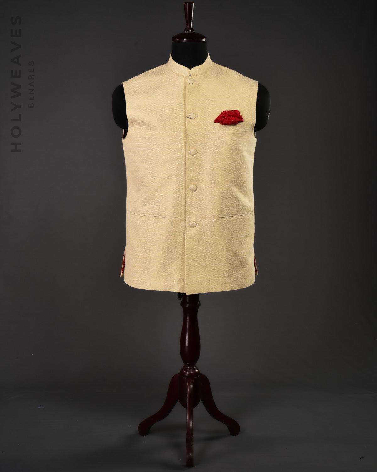 Cream Banarasi Light Zari Chevron Brocade Handwoven Noile Silk Mens Modi Jacket - By HolyWeaves, Benares