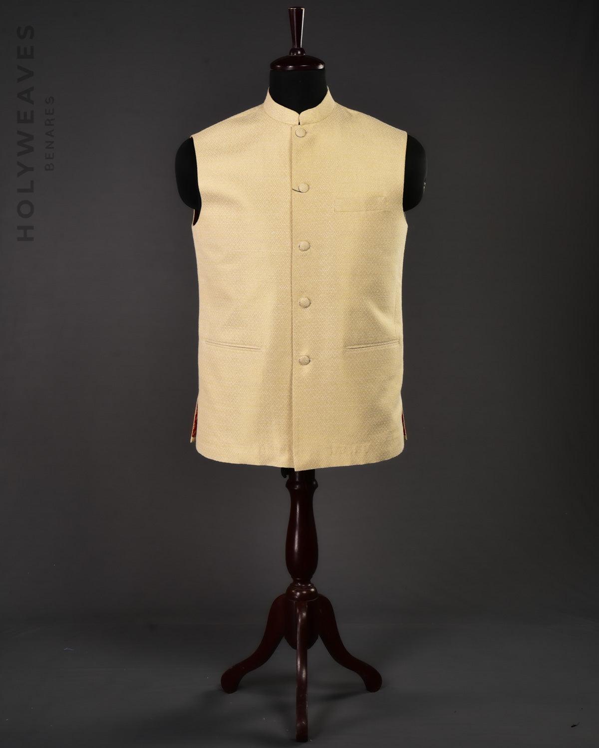 Cream Banarasi Light Zari Chevron Brocade Handwoven Noile Silk Mens Modi Jacket - By HolyWeaves, Benares