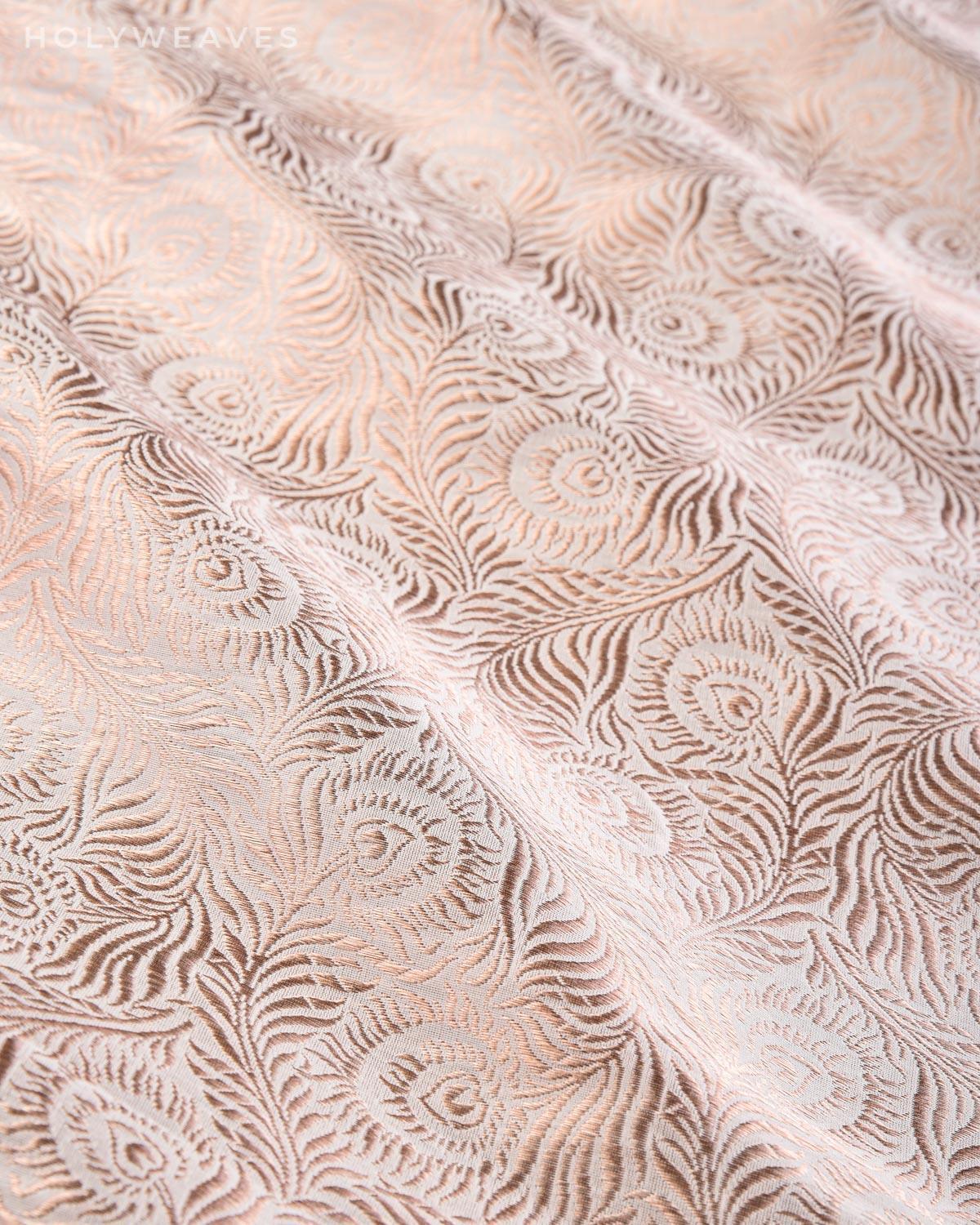 Cream Banarasi Morpankh Brocade Handwoven Katan Silk Fabric - By HolyWeaves, Benares
