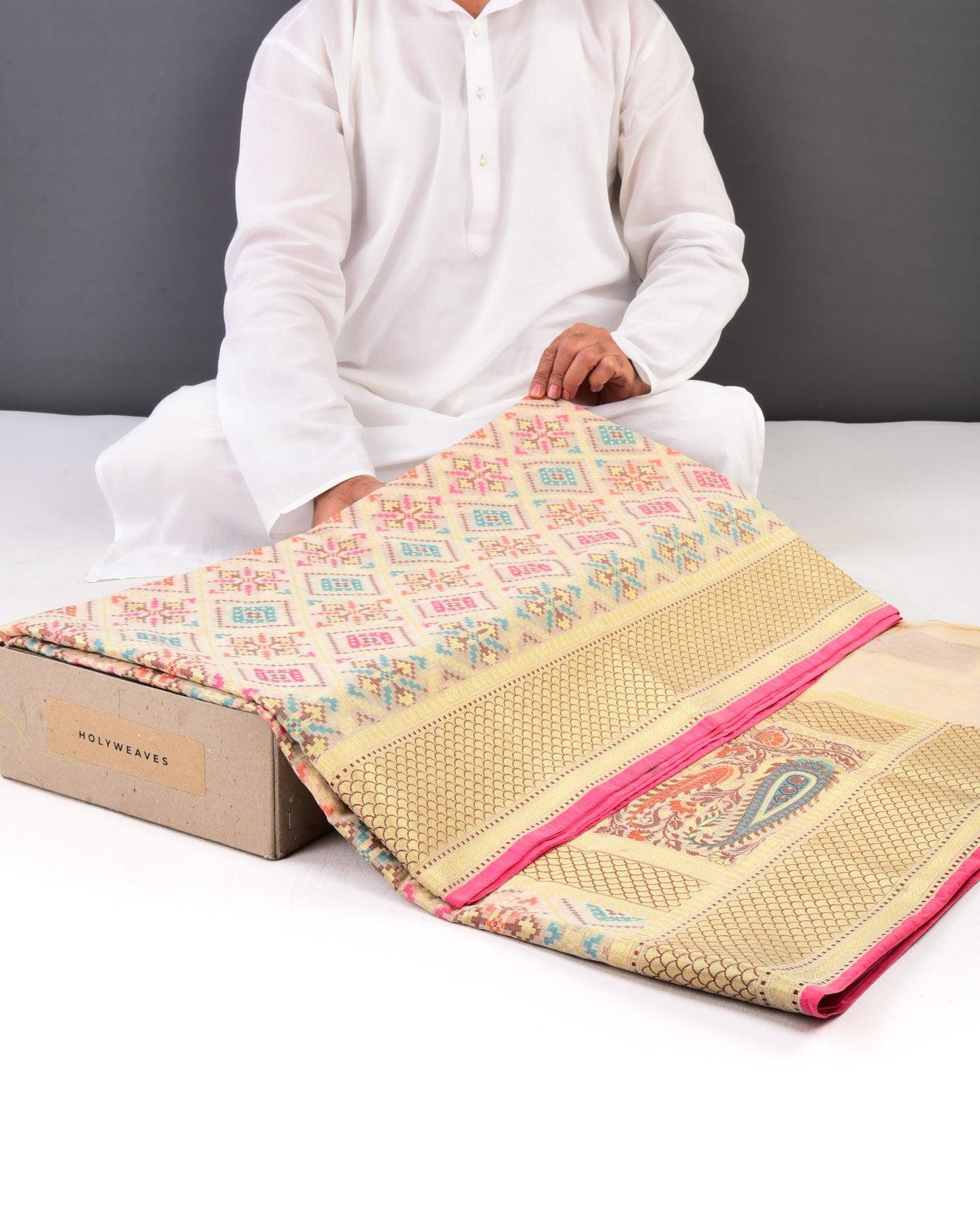 Cream Banarasi Patola Cutwork Brocade Woven Cotton Silk Saree - By HolyWeaves, Benares
