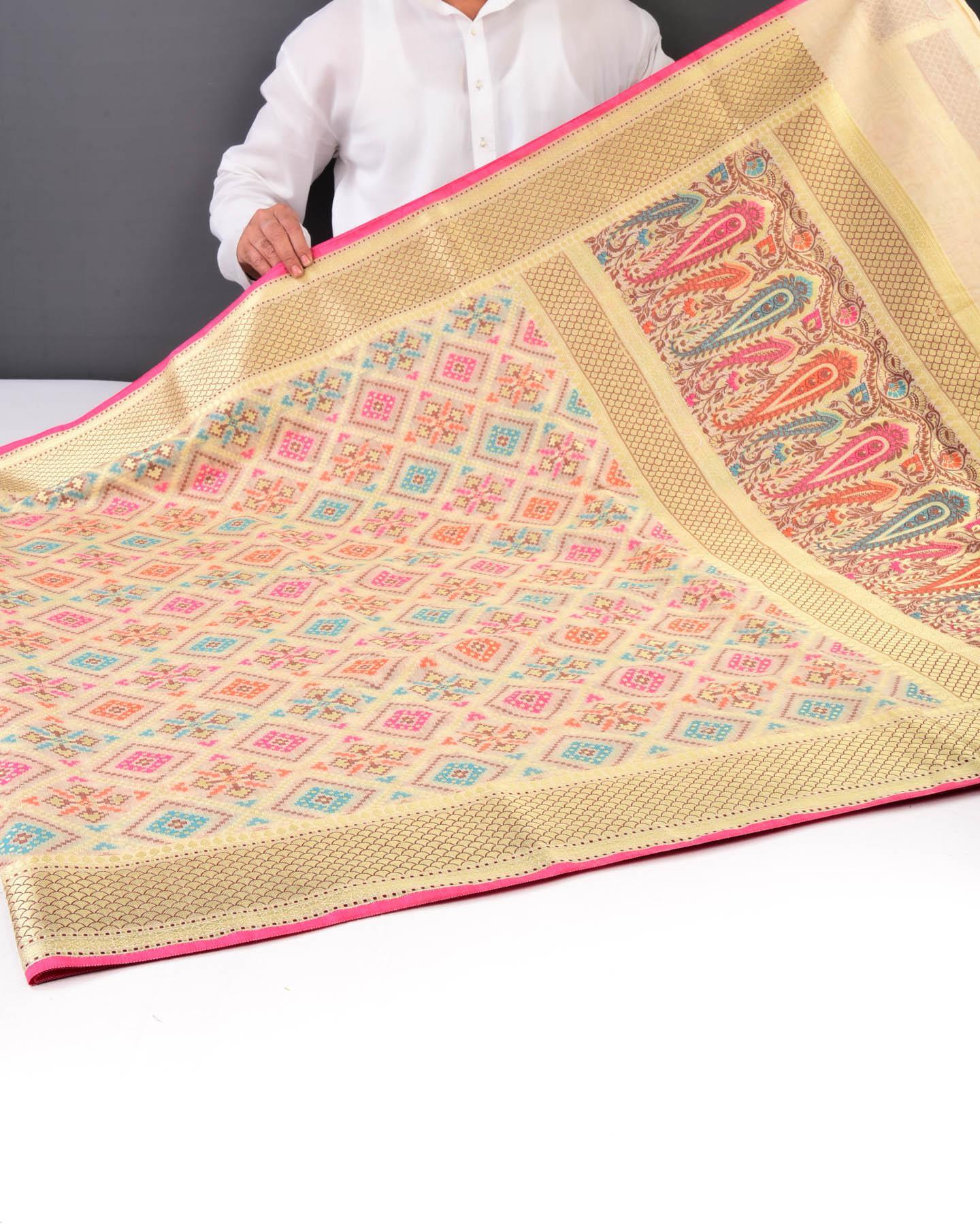 Cream Banarasi Patola Cutwork Brocade Woven Cotton Silk Saree - By HolyWeaves, Benares