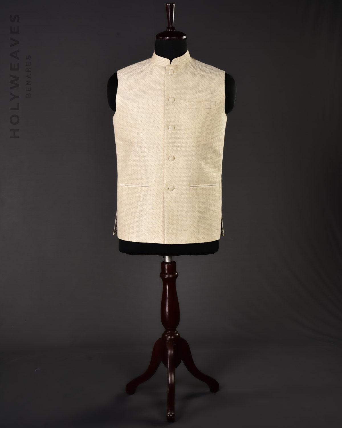 Cream Banarasi Resham Brocade Handwoven Noile Silk Mens Modi Jacket - By HolyWeaves, Benares