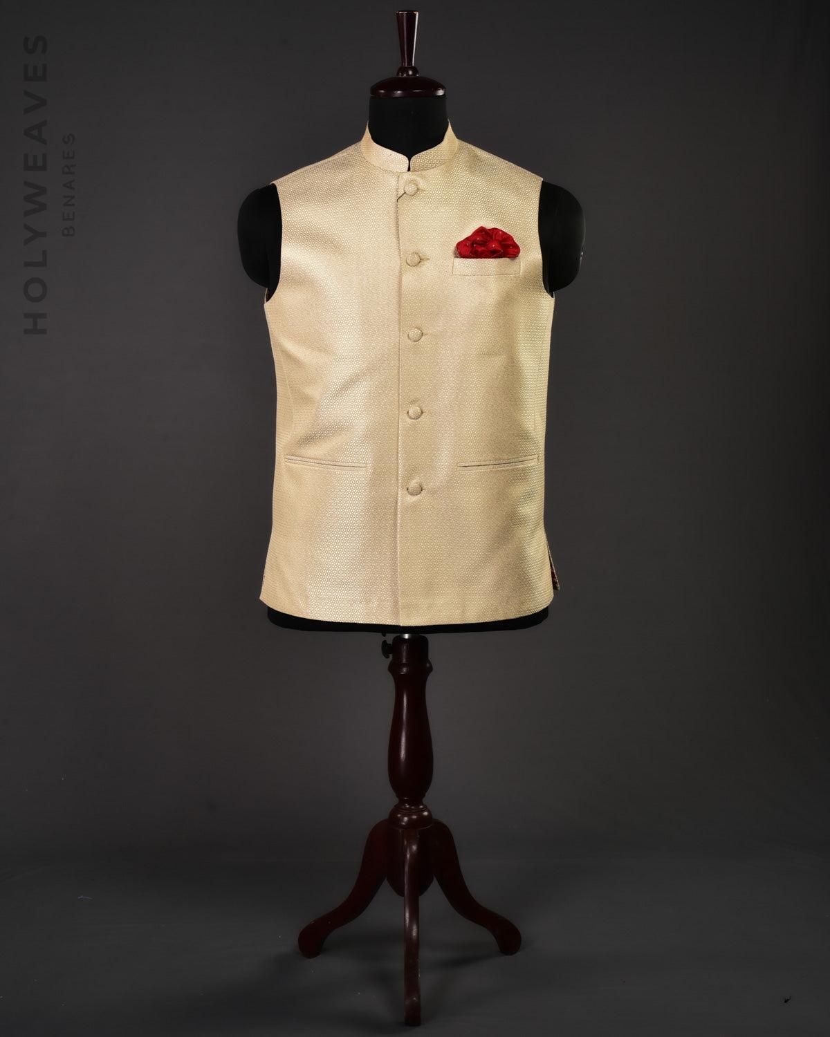 Cream Banarasi Resham Brocade Woven Poly Silk Slim Fit Mens Modi Jacket - By HolyWeaves, Benares