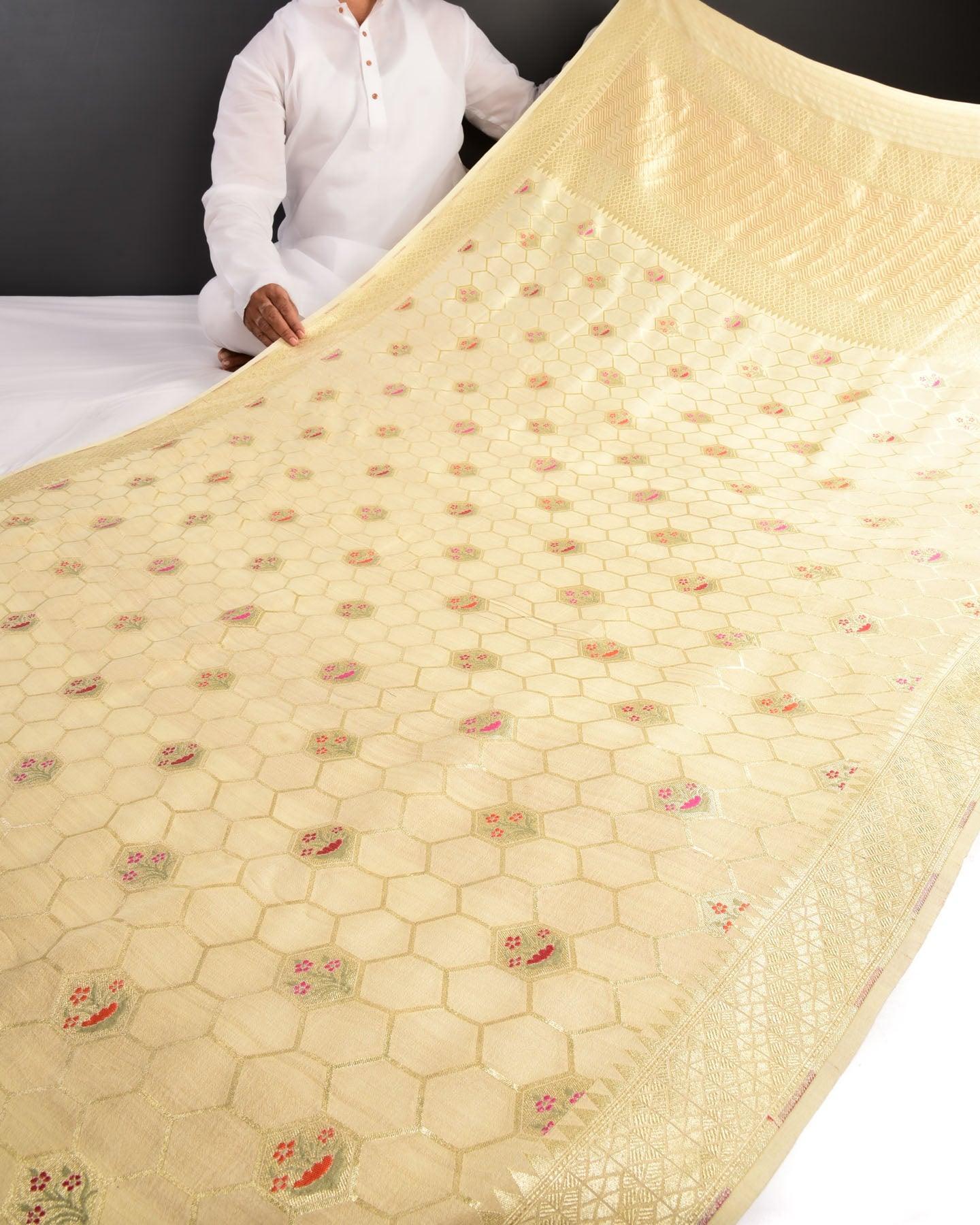 Cream Banarasi Resham Gold Zari Tehra Honeycomb and Floral Buta Cutwork Brocade Handwoven Tasar Georgette Saree - By HolyWeaves, Benares