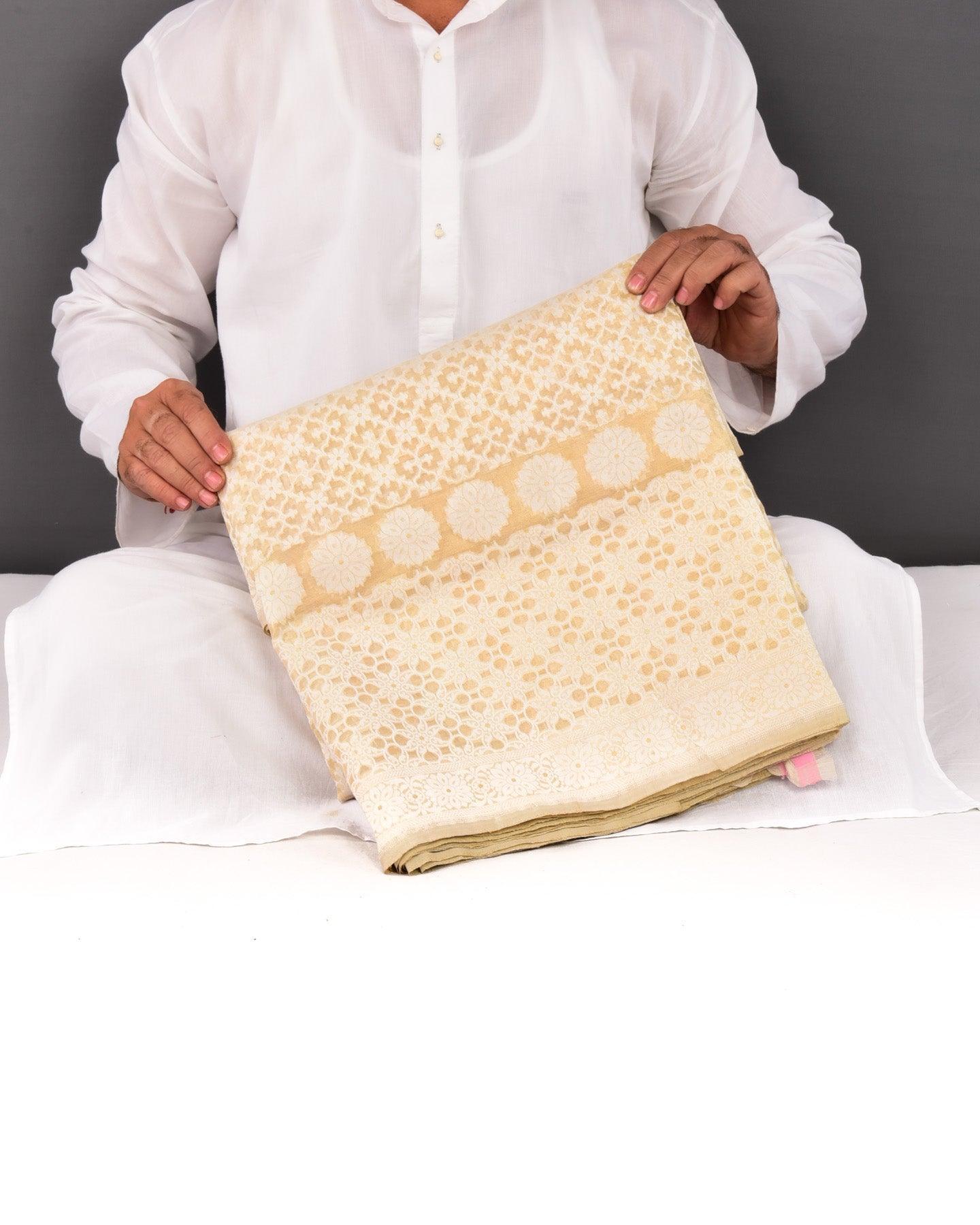Cream Banarasi Resham Jangla Cutwork Brocade Handwoven Kora Tissue Saree - By HolyWeaves, Benares