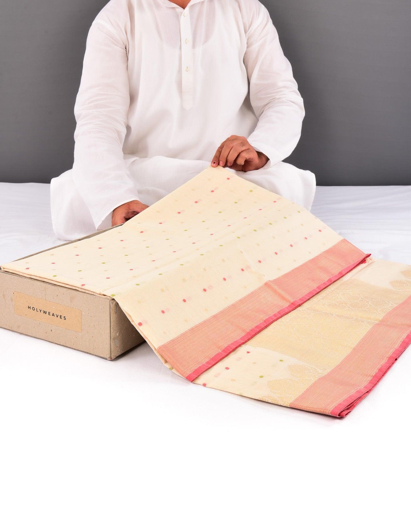 Cream Banarasi Resham Polka Buti Cutwork Brocade Woven Cotton Silk Saree - By HolyWeaves, Benares