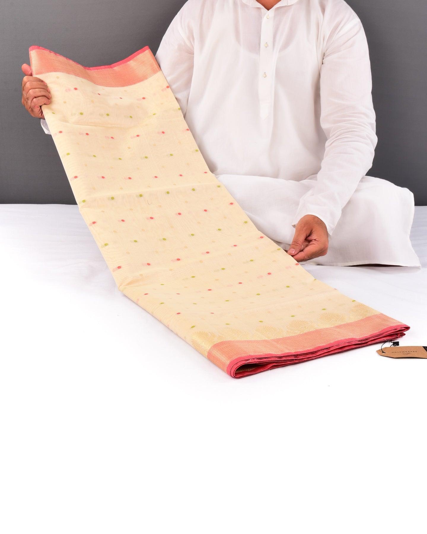Cream Banarasi Resham Polka Buti Cutwork Brocade Woven Cotton Silk Saree - By HolyWeaves, Benares