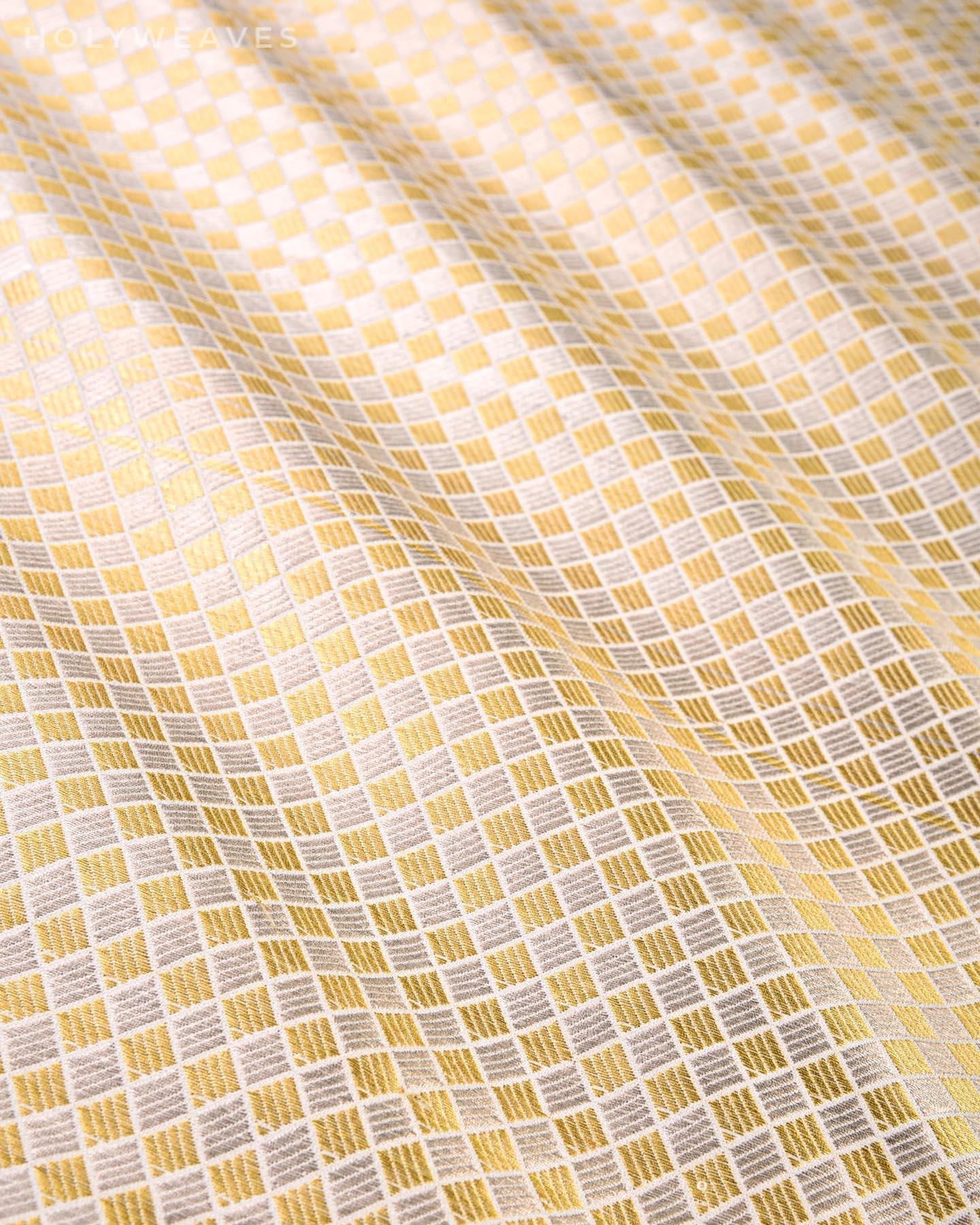 Cream Banarasi Sona Rupa Grid Brocade Handwoven Satin Viscose Silk Fabric - By HolyWeaves, Benares