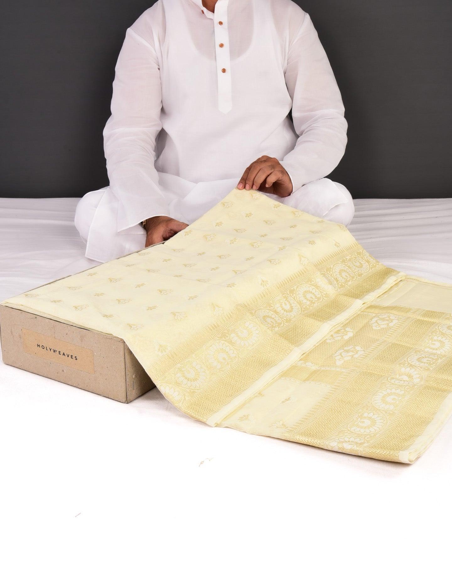 Cream Banarasi Sona Rupa Zari Cutwork Brocade Woven Cotton Silk Saree - By HolyWeaves, Benares