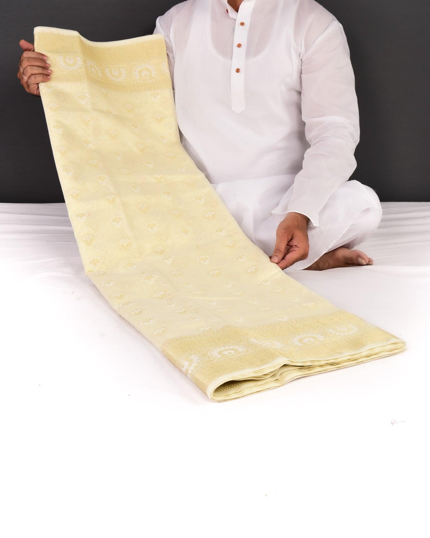 Cream Banarasi Sona Rupa Zari Cutwork Brocade Woven Cotton Silk Saree - By HolyWeaves, Benares