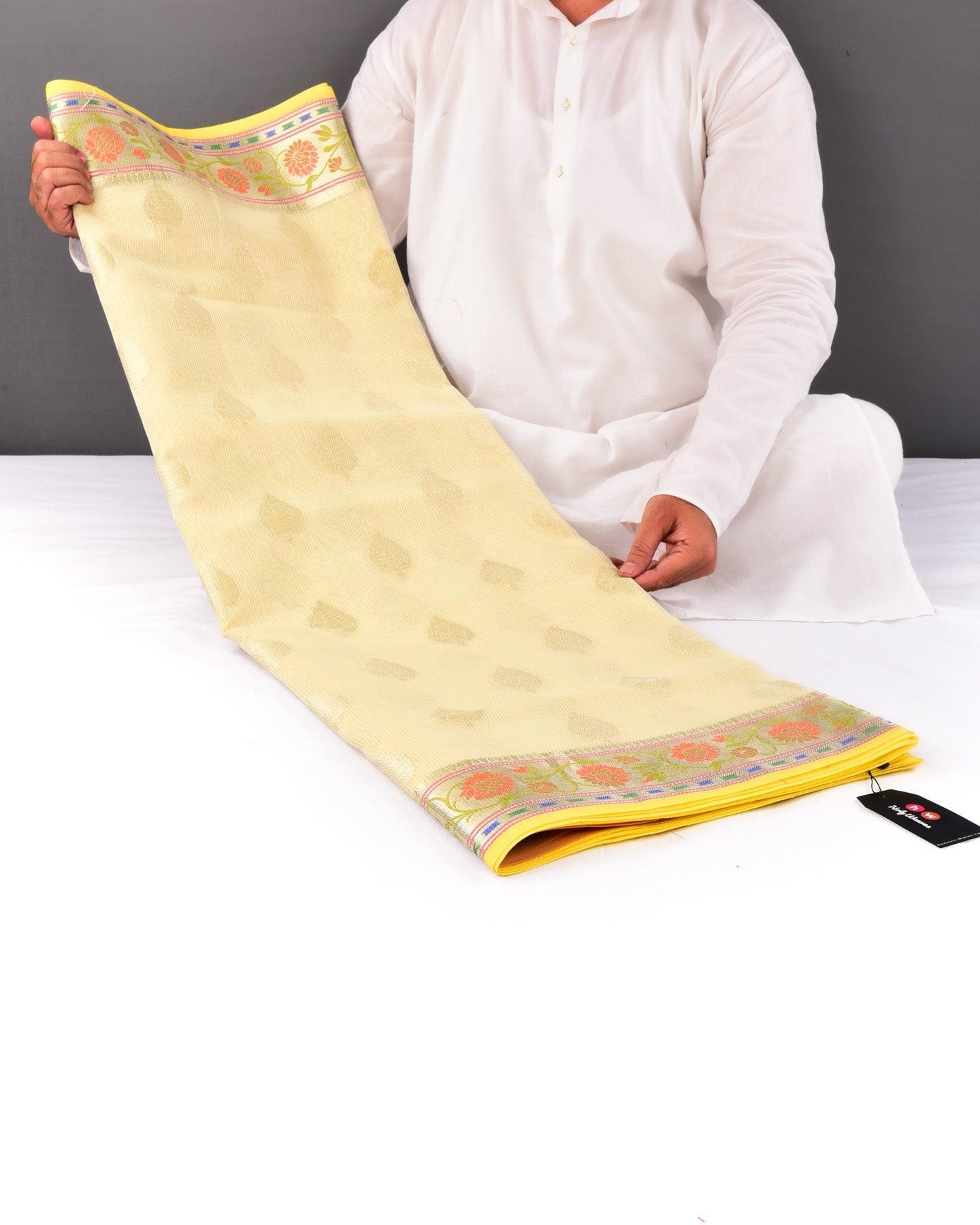 Cream Banarasi Stripe Texture Weave Zari Buti Cutwork Brocade Woven Art Cotton Silk Saree with Meenekari Border - By HolyWeaves, Benares