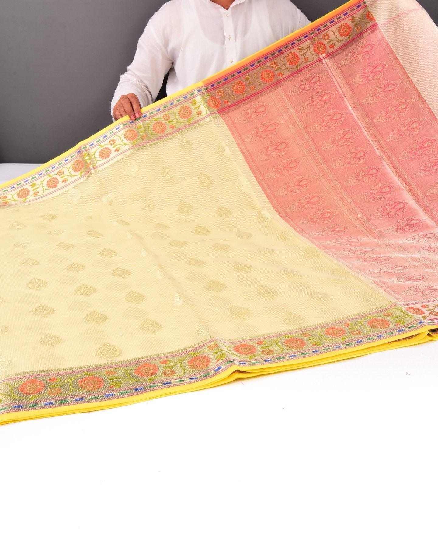 Cream Banarasi Stripe Texture Weave Zari Buti Cutwork Brocade Woven Art Cotton Silk Saree with Meenekari Border - By HolyWeaves, Benares