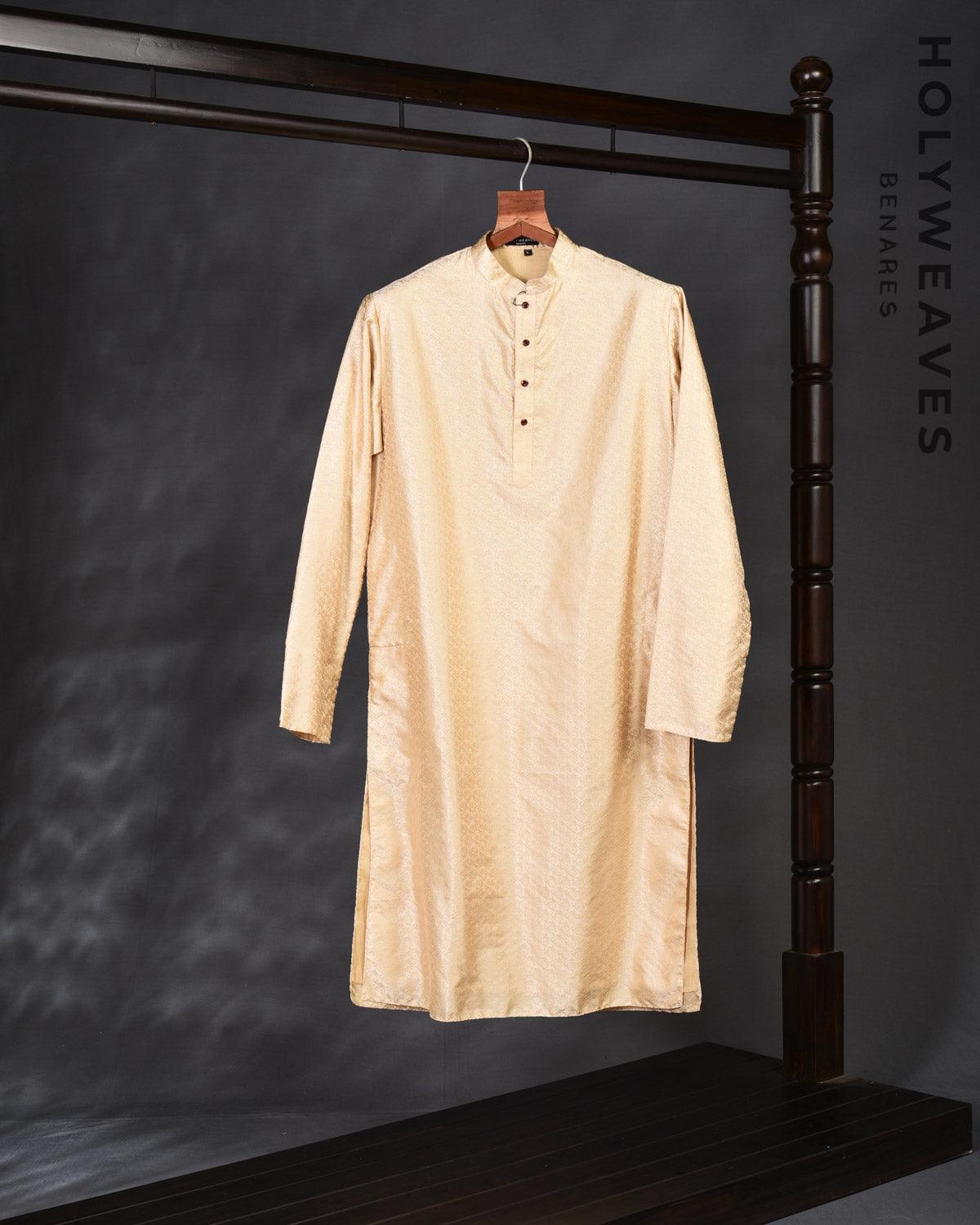 Cream Banarasi Tanchoi Brocade Handwoven Katan Silk Mens Kurta Pyjama with Cotton Lining - By HolyWeaves, Benares