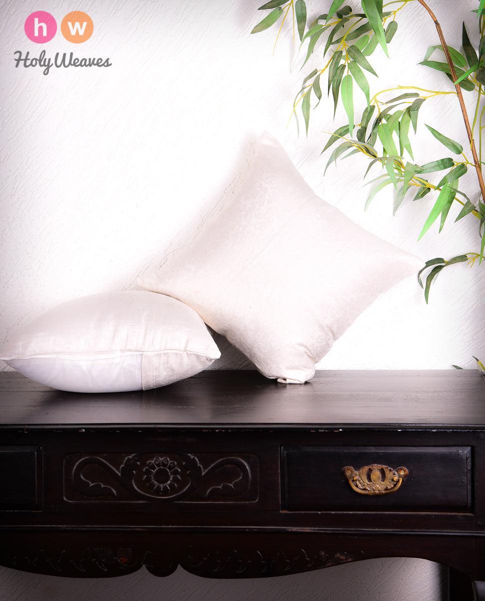 Cream Banarasi Tanchoi Linen Silk Cushion Cover 16" - By HolyWeaves, Benares