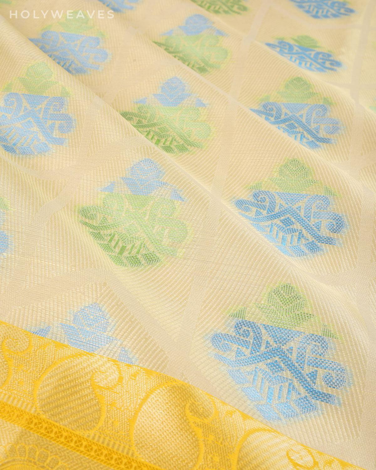 Cream Banarasi Tanchoi with Green-Blue Resham Buta Cutwork Brocade Woven Art Kora Silk Saree - By HolyWeaves, Benares