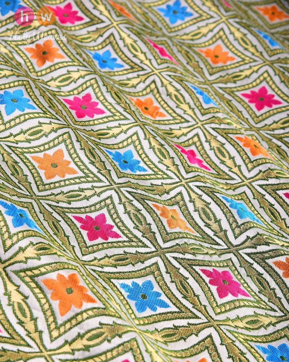 Cream Banarasi Tehra Kimkhwab Brocade Handwoven Viscose Silk Fabric - By HolyWeaves, Benares