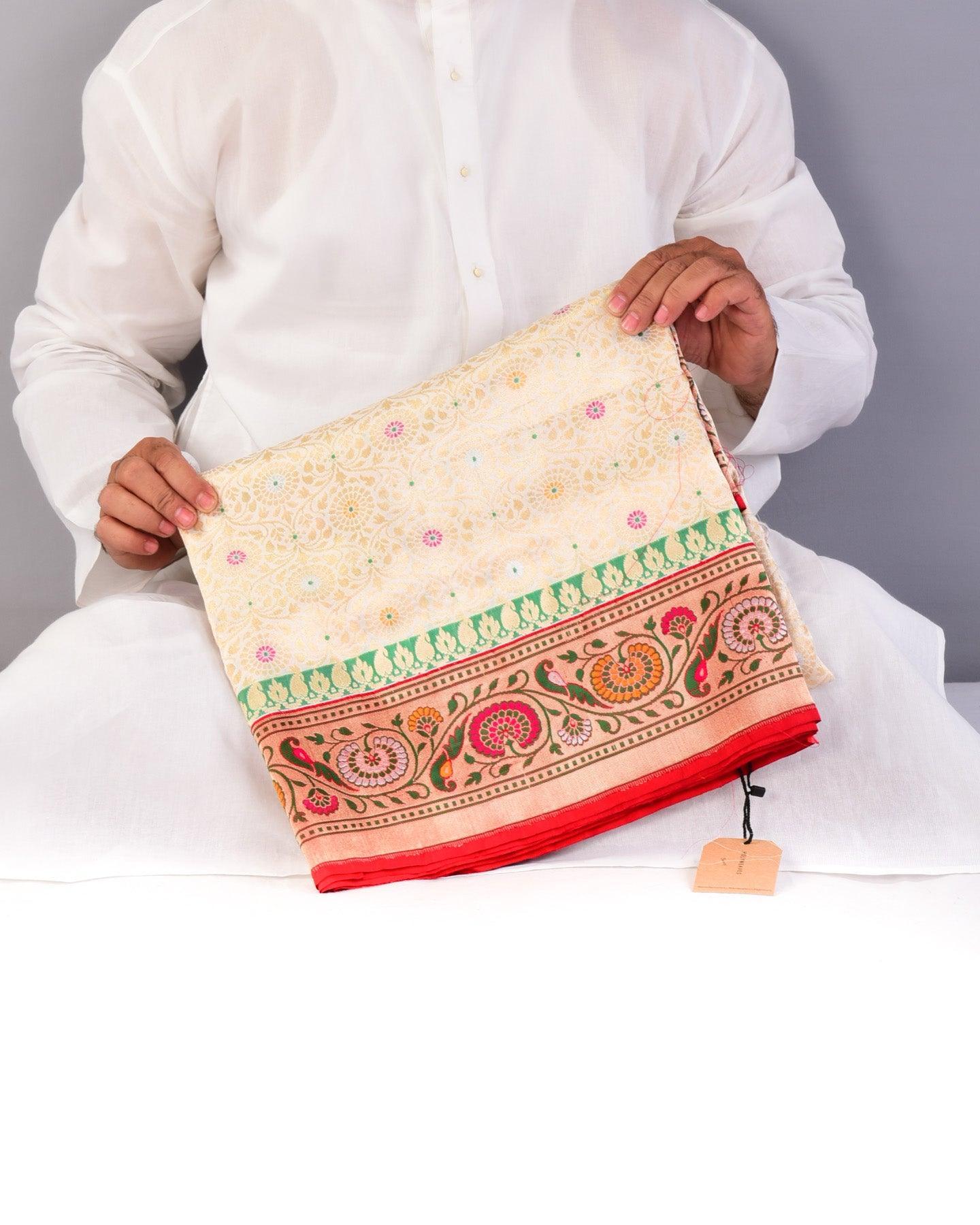 Cream Banarasi Tehra Meena Cutwork Brocade Handwoven Katan Silk Saree - By HolyWeaves, Benares