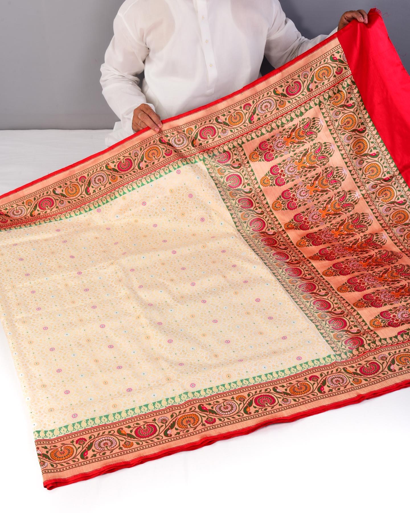 Cream Banarasi Tehra Meena Cutwork Brocade Handwoven Katan Silk Saree - By HolyWeaves, Benares