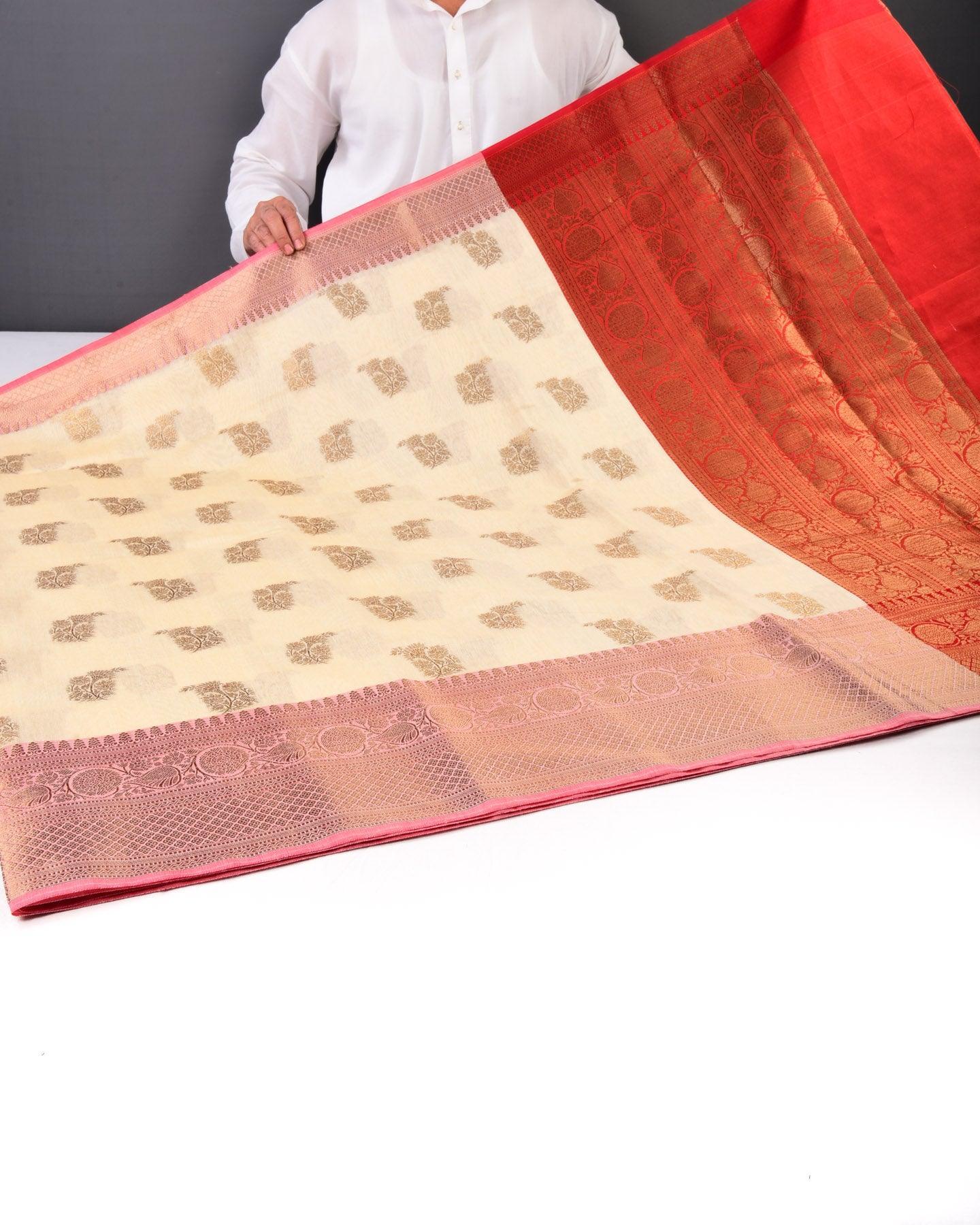 Cream Banarasi Zari Buta Cutwork Brocade Woven Cotton Silk Saree with Contrast Pink Border Pallu - By HolyWeaves, Benares