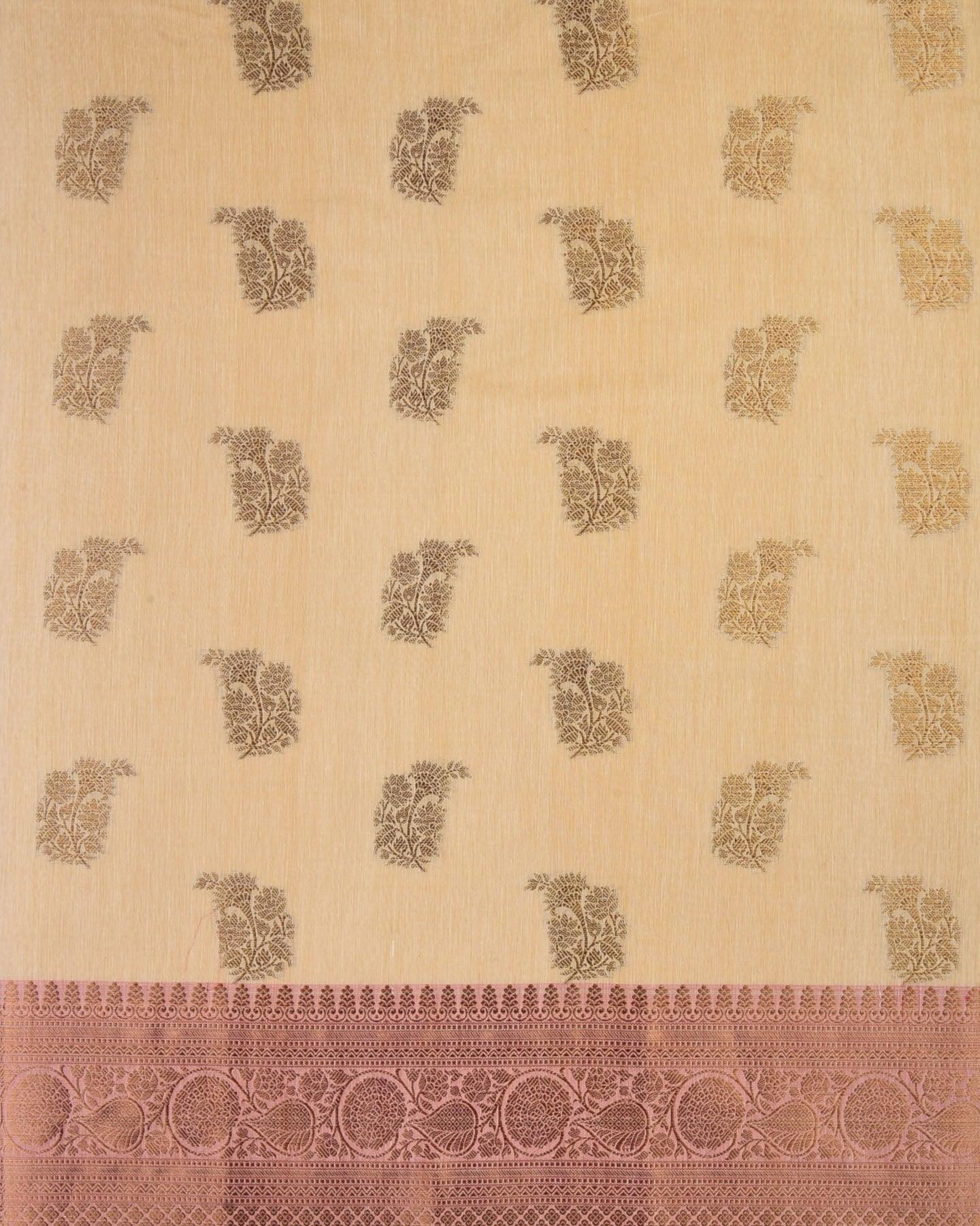 Cream Banarasi Zari Buta Cutwork Brocade Woven Cotton Silk Saree with Contrast Pink Border Pallu - By HolyWeaves, Benares