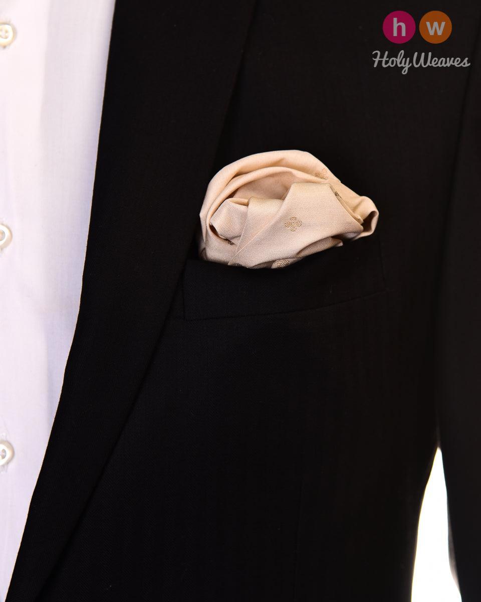 Cream Brocade Handwoven Muga Silk Pocket Square with Gold & Silver Zari Buti - HolyWeaves